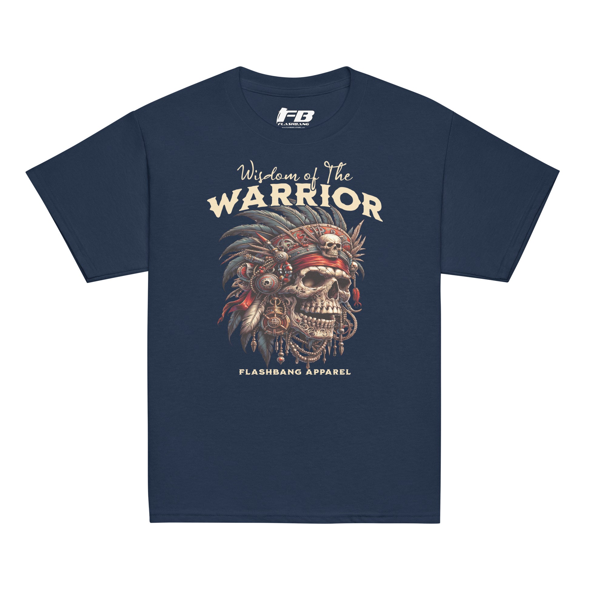 Navy blue t-shirt with 'Warrior' graphic design on a white background