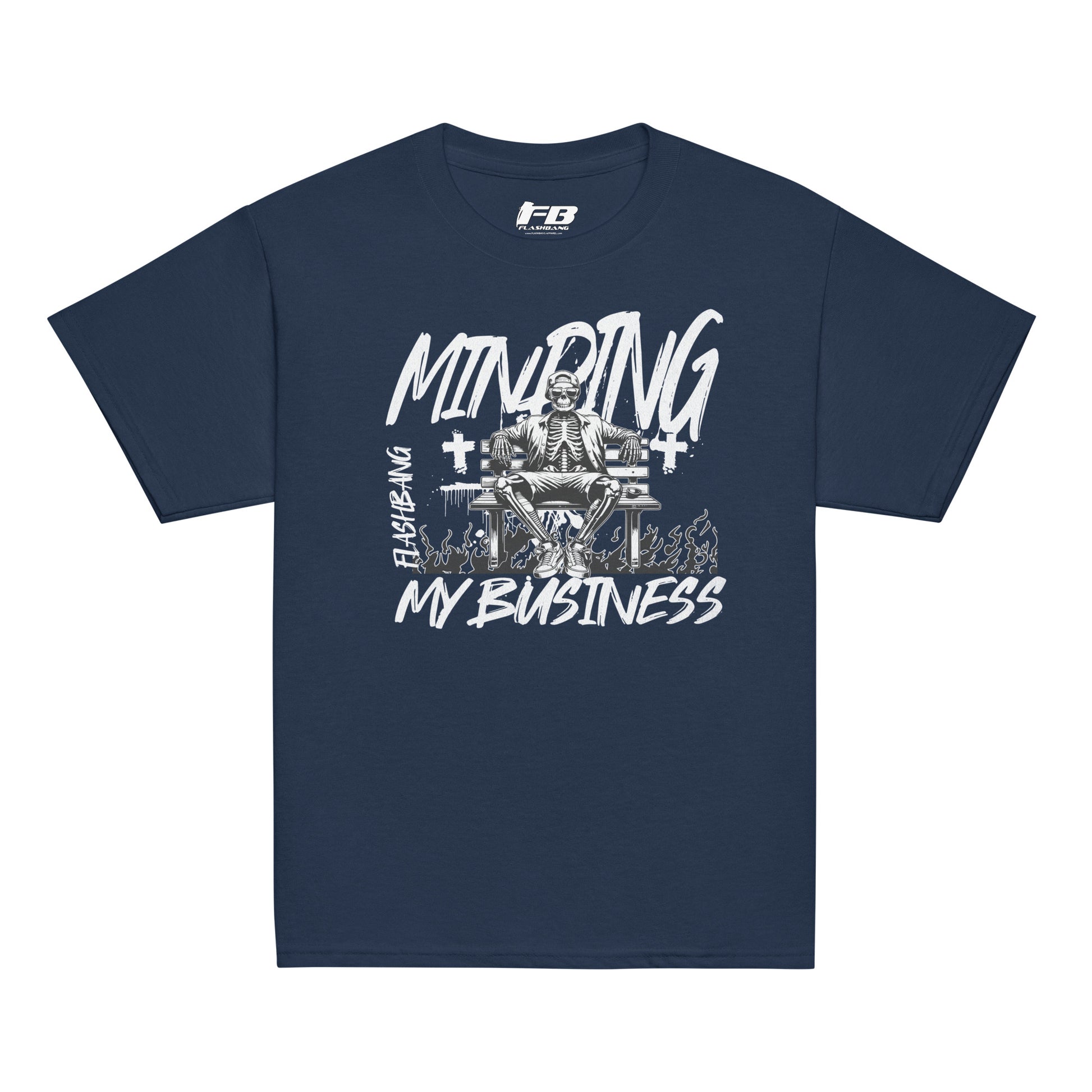 Navy blue t-shirt with white graphic design and text on a white background