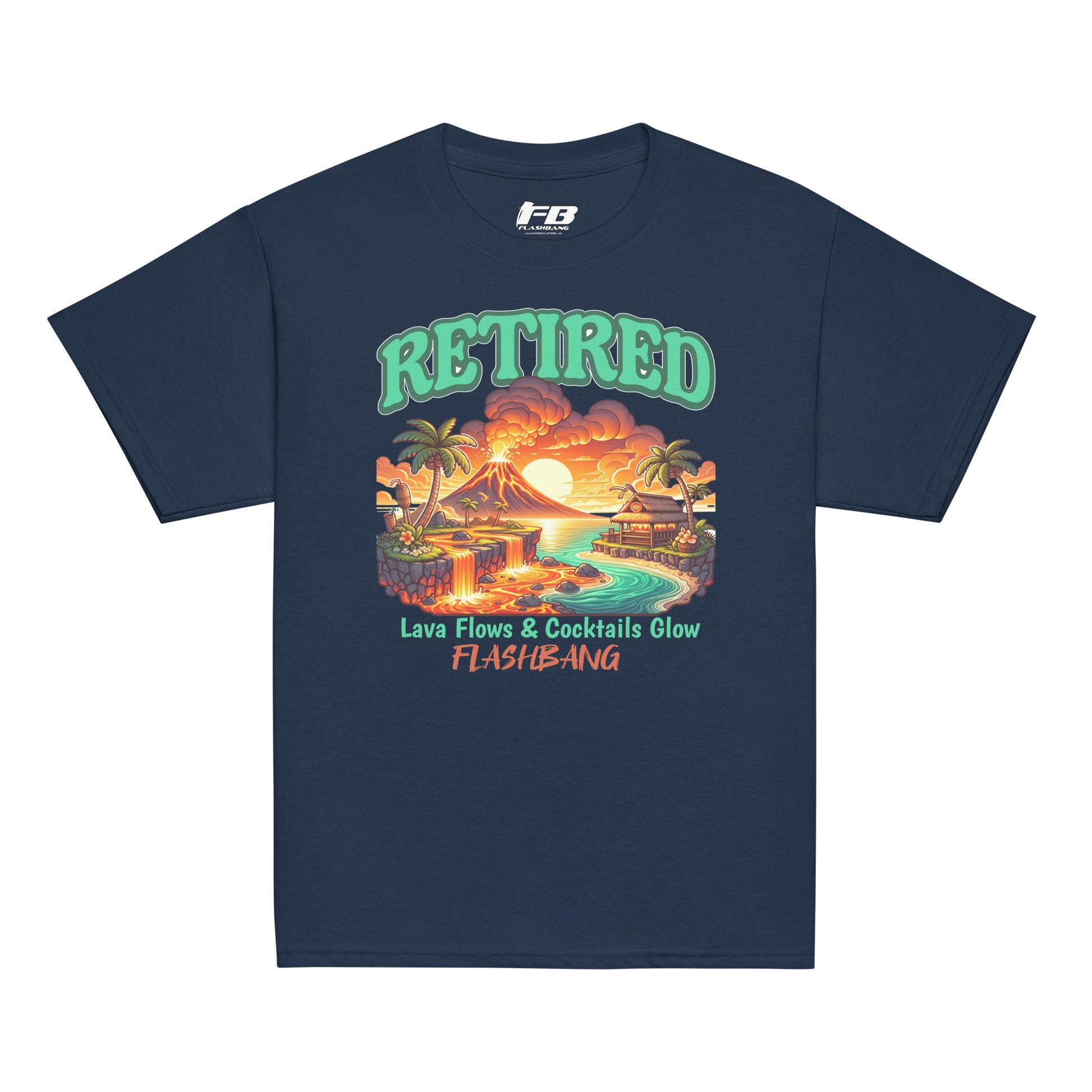 Navy blue t-shirt with a tropical graphic and 'Retired' text on a white background