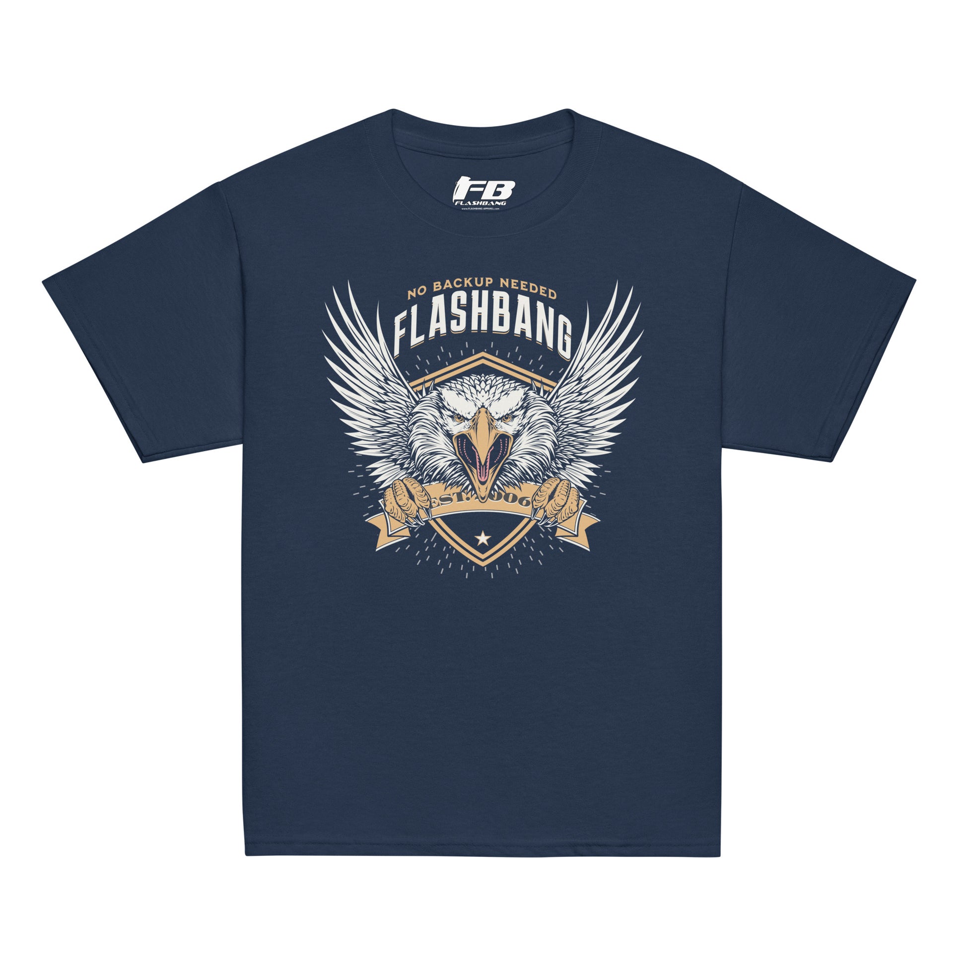 Navy blue t-shirt with eagle graphic and 'Flashbang' text on a white background