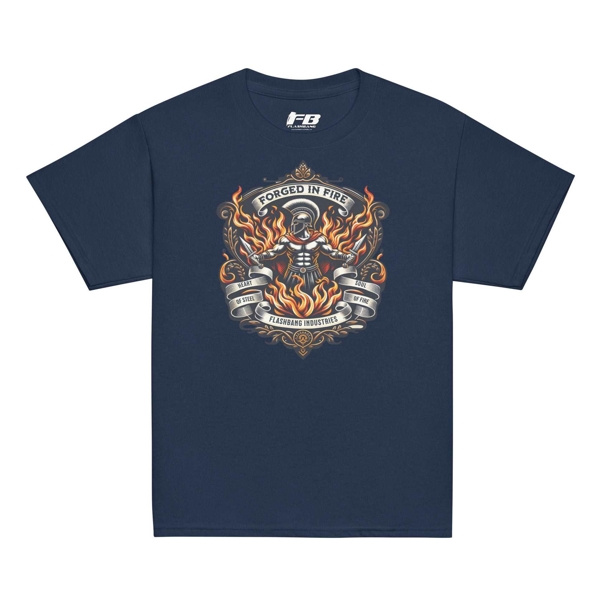 Navy blue t-shirt with a graphic design on a white background