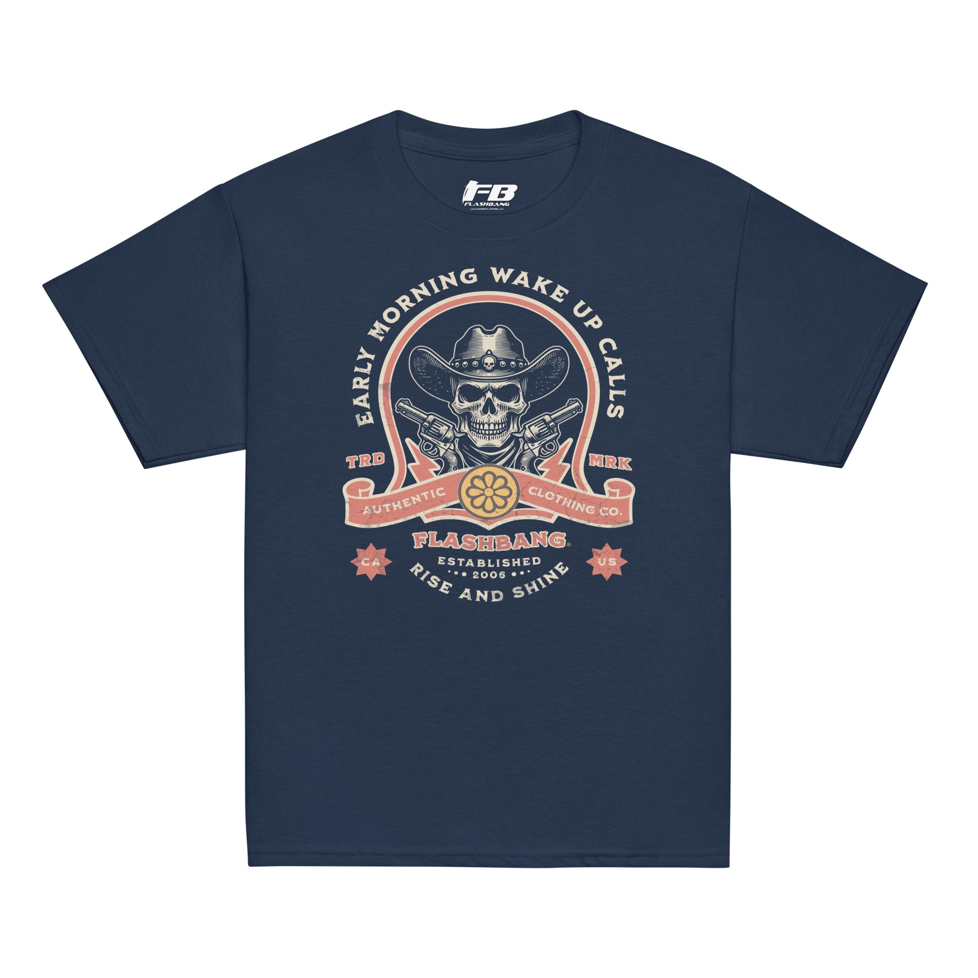 Navy blue t-shirt with a graphic design featuring a skull in a cowboy hat on a white background