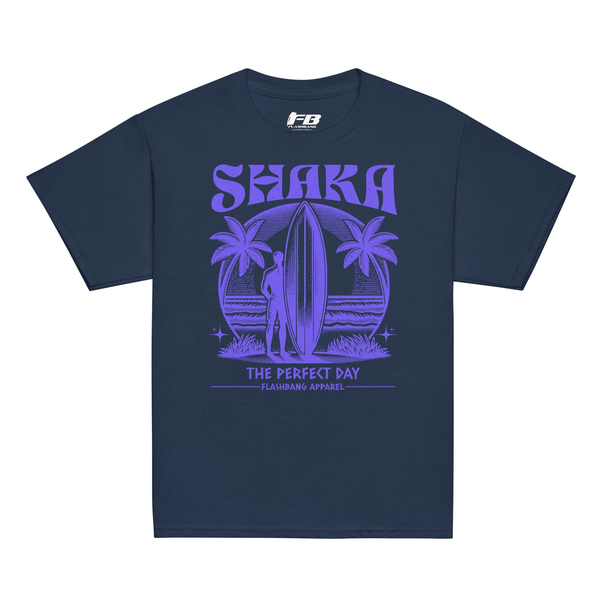 Navy blue t-shirt with purple graphic design on a white background