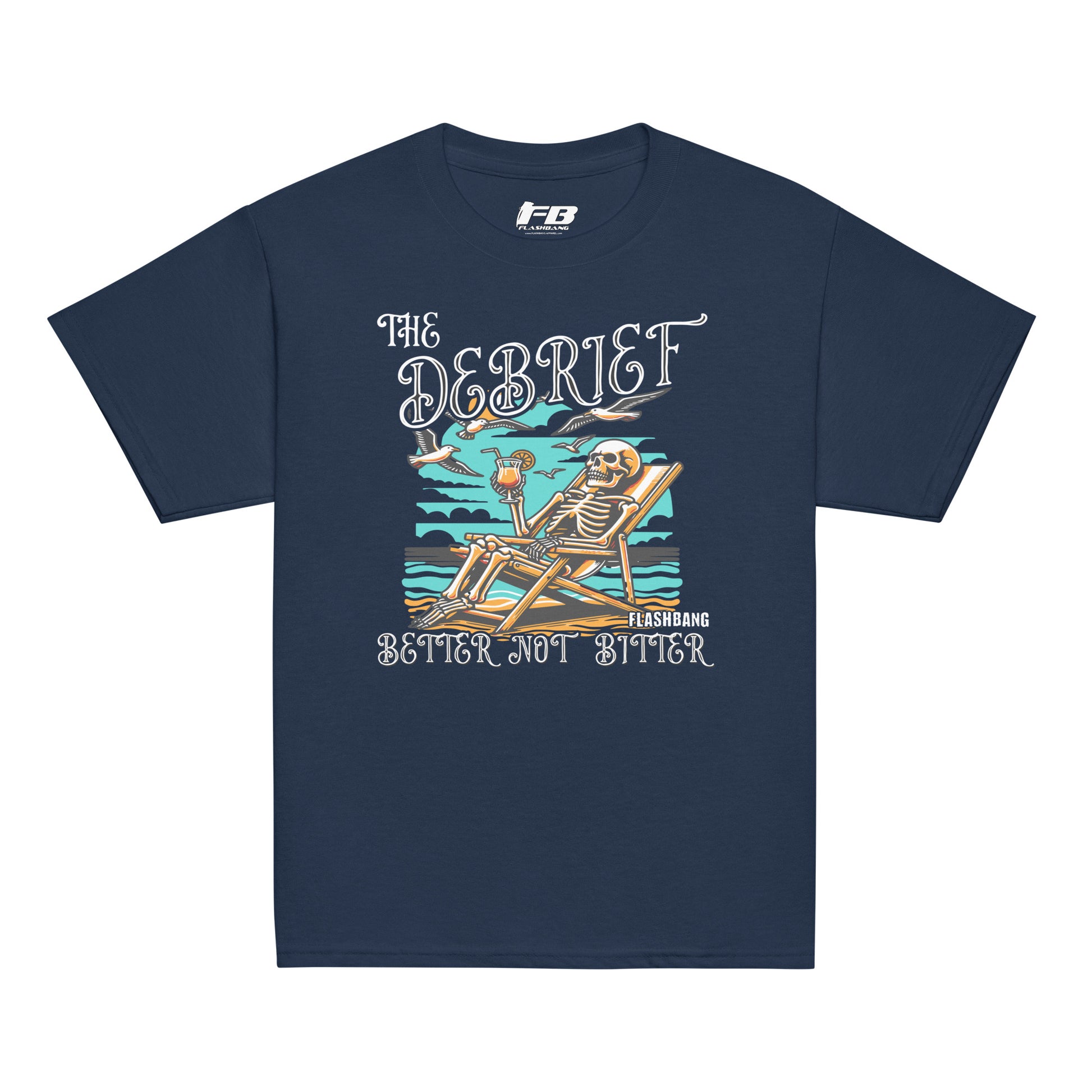 Navy blue t-shirt with a skeleton graphic and text on a white background