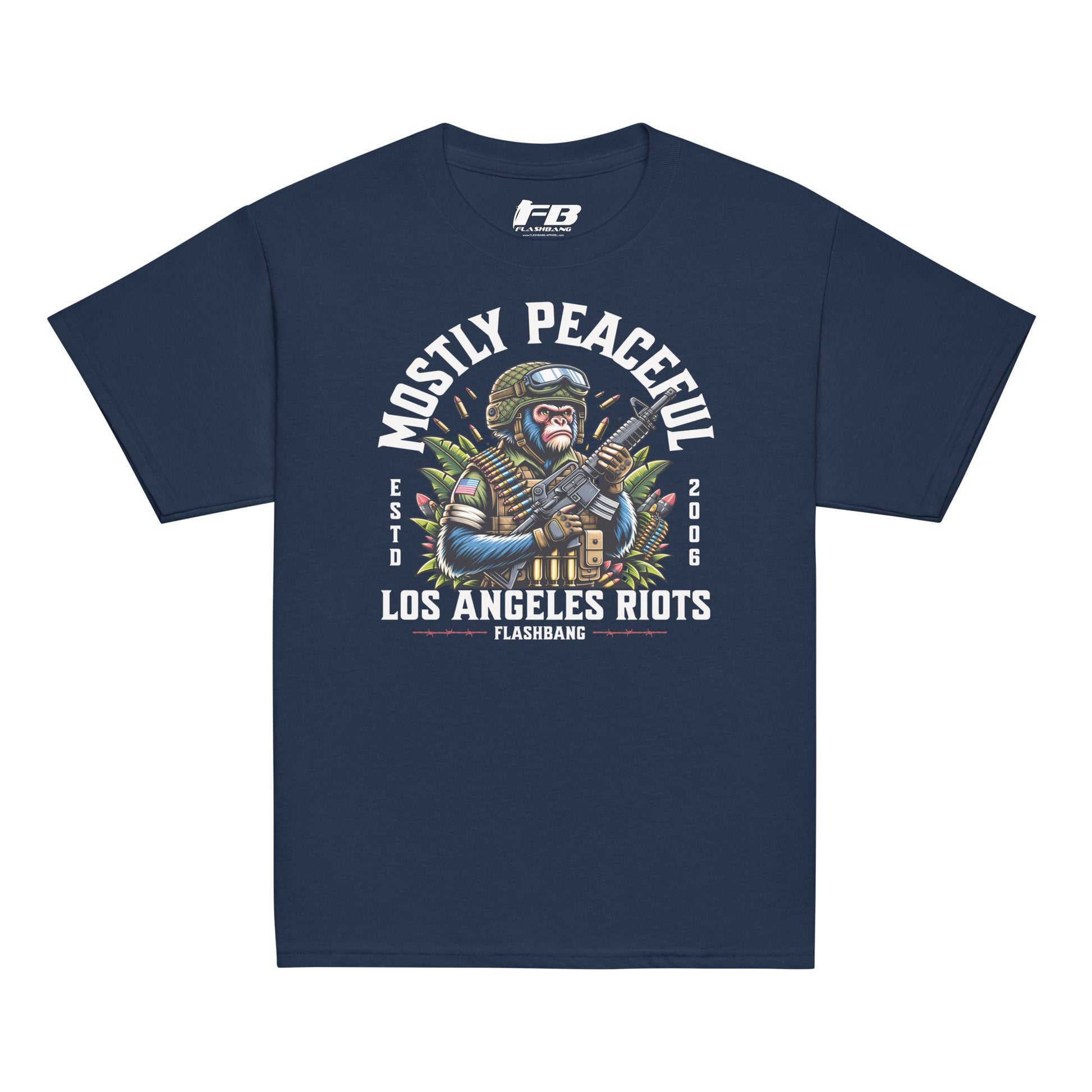 Navy blue t-shirt with graphic design and text on a white background