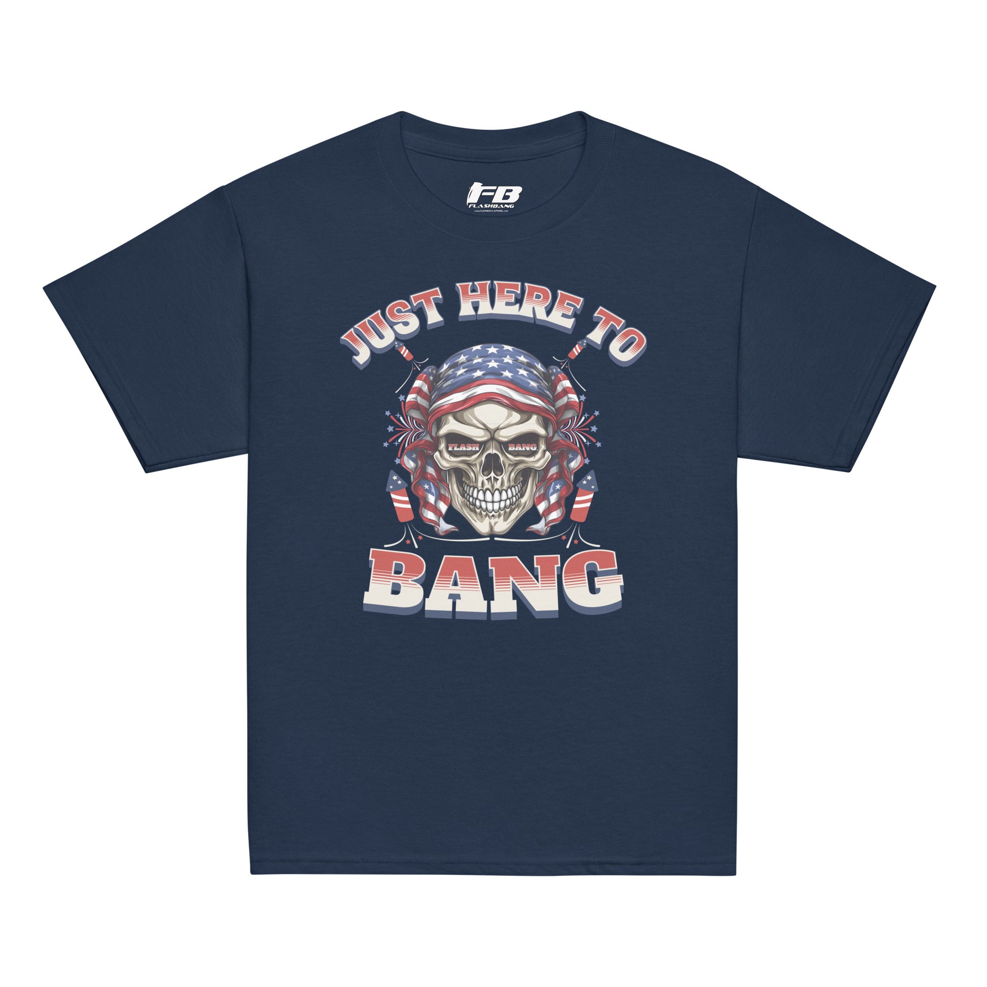 Navy blue t-shirt with a skull graphic and text 'Just Here to Bang' on a white background