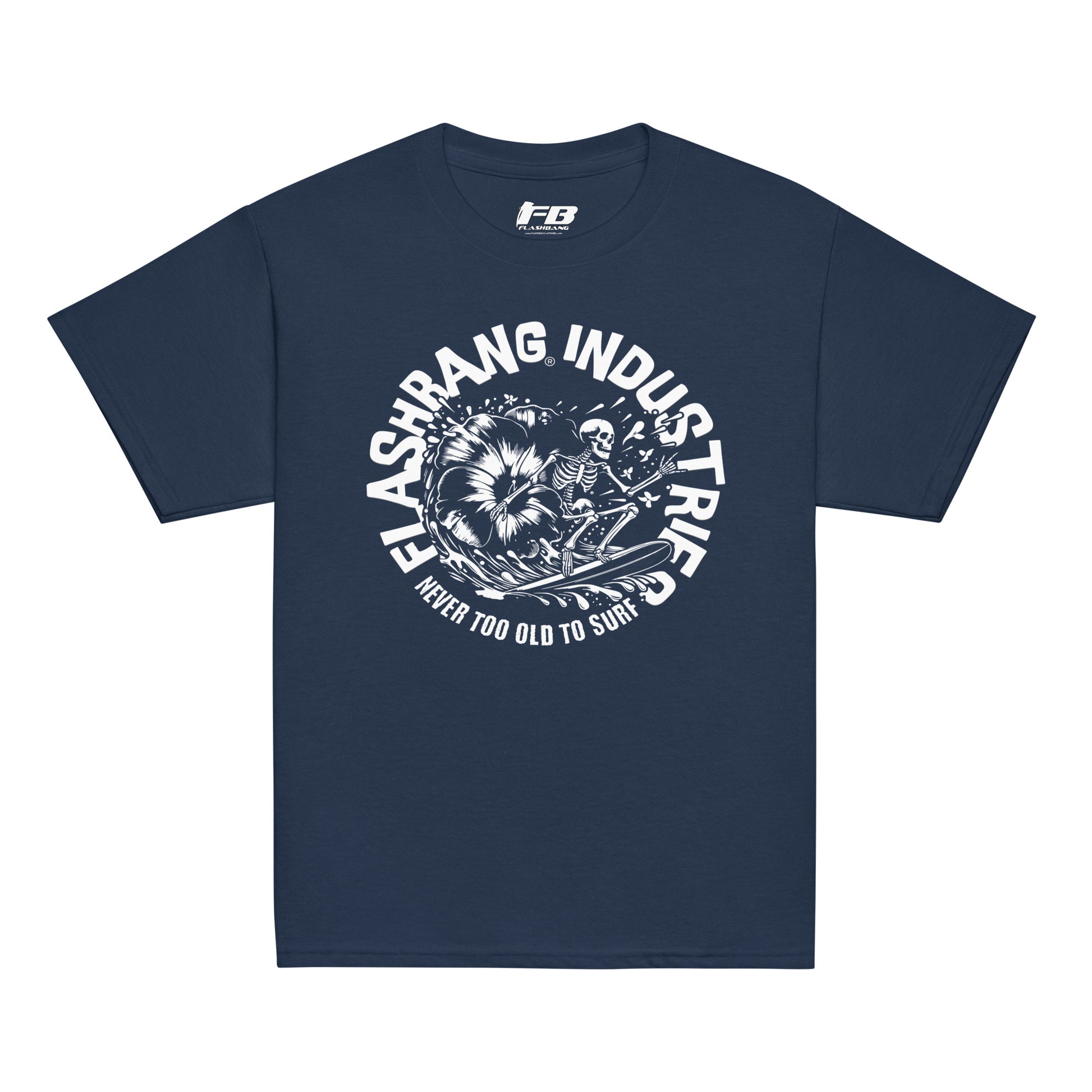 Navy blue t-shirt with white graphic and text on a white background