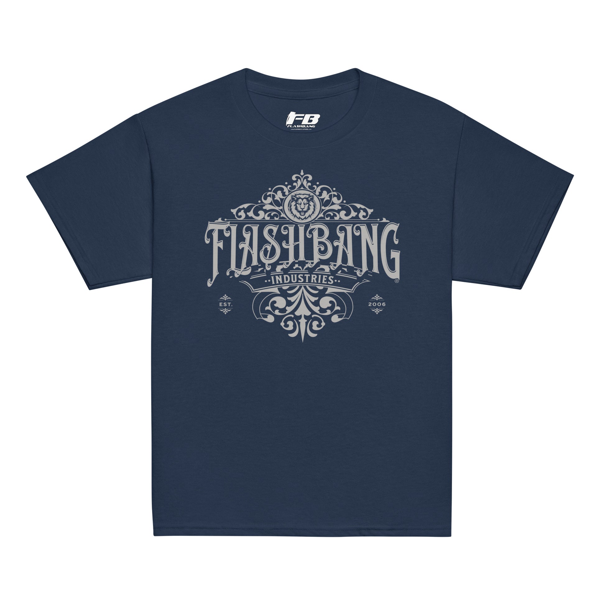 Navy blue t-shirt with 'Flashbang Industries' graphic design on a white background