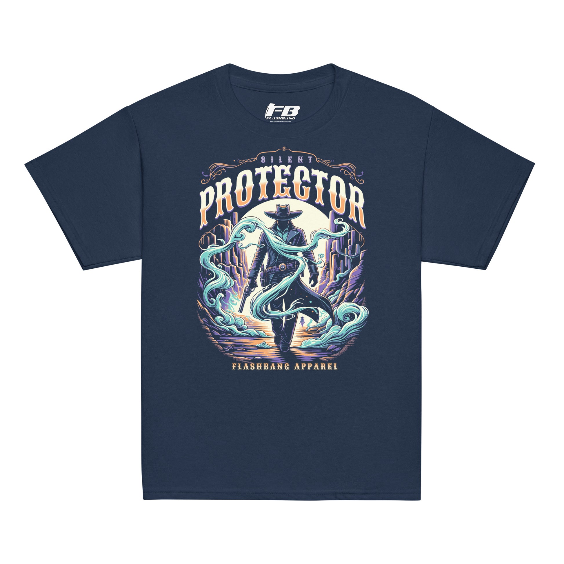 Navy blue t-shirt with 'Silent Protector' graphic design on a white background