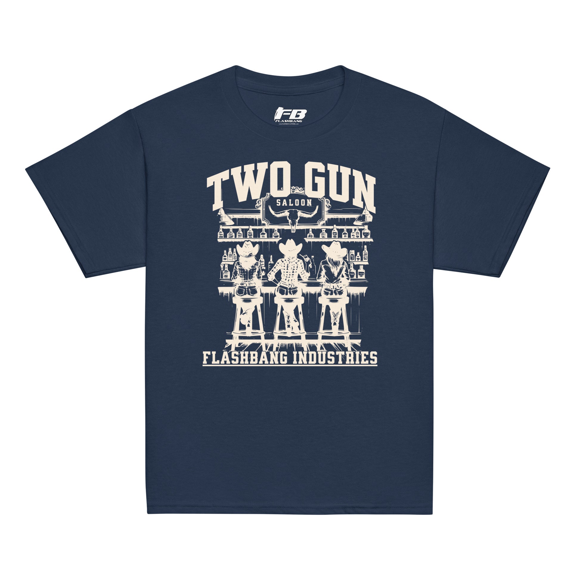 Navy blue t-shirt with white graphic design on a white background