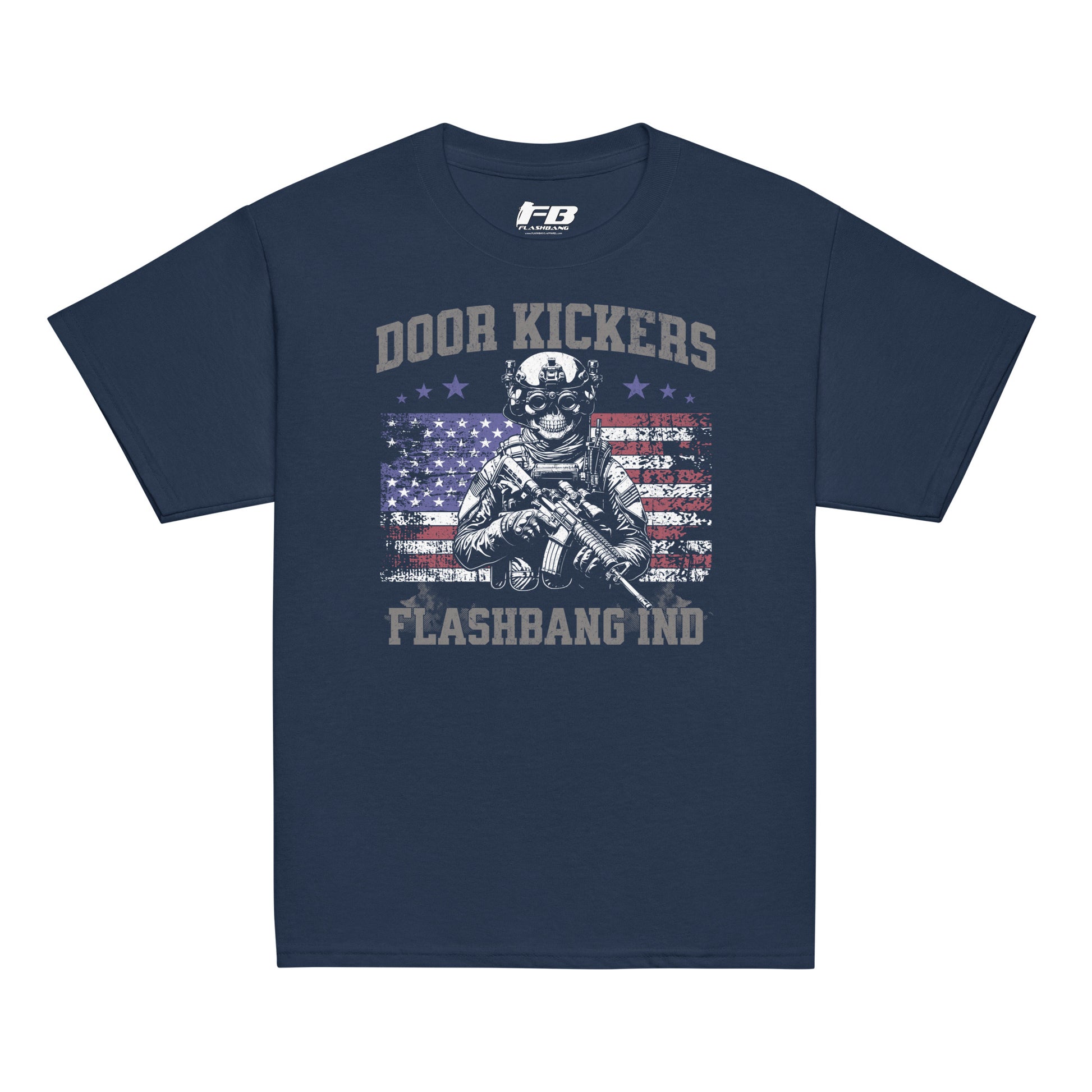 Navy blue t-shirt with graphic design and text on a white background