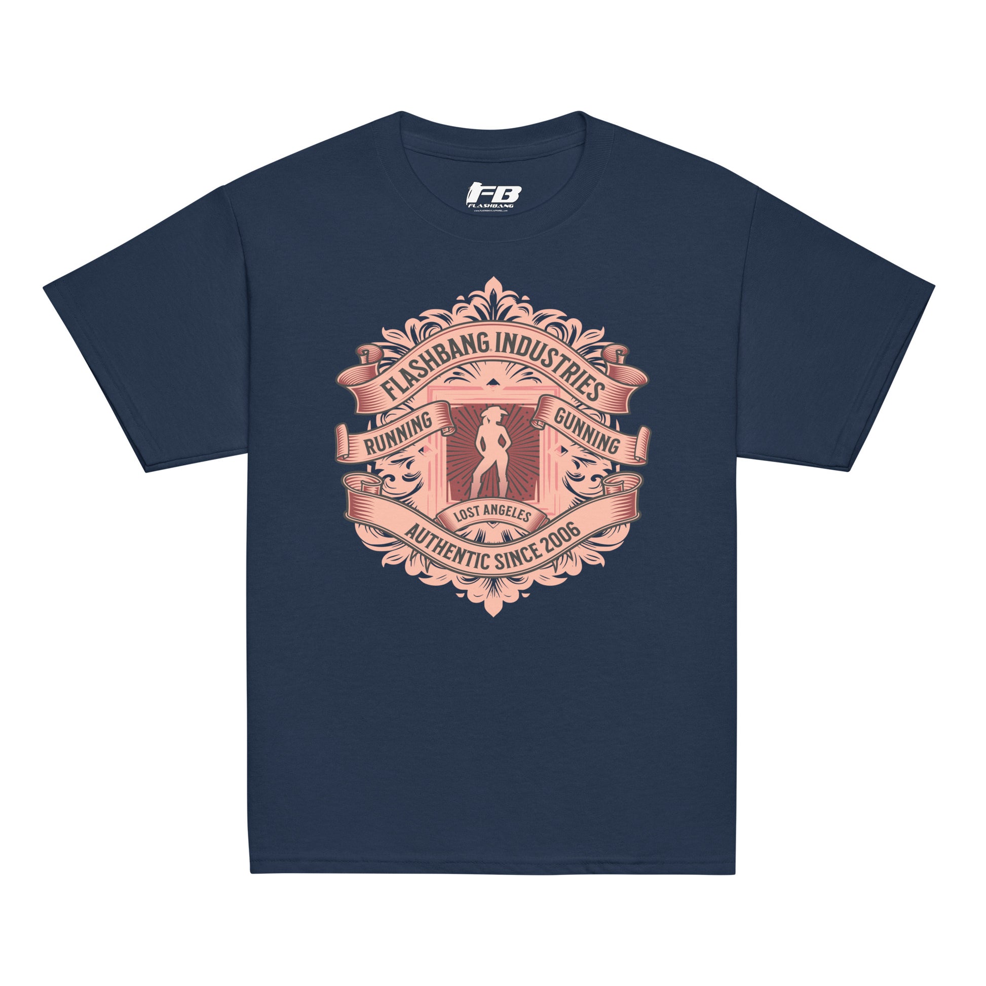 Navy blue t-shirt with a pink graphic design on a white background