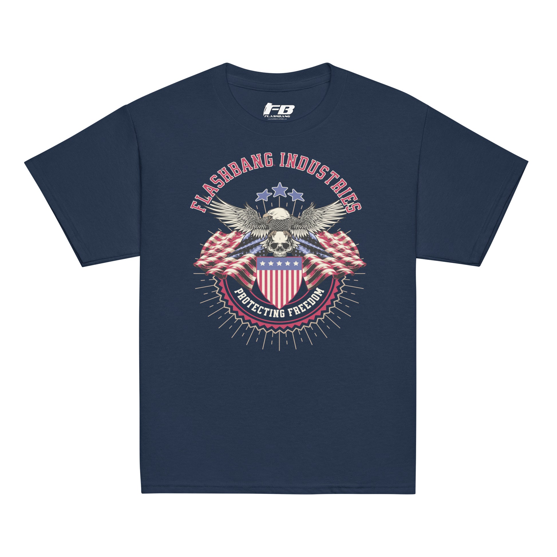 Navy blue t-shirt with an eagle and shield graphic and 'Flashbang Industries' text on a white background