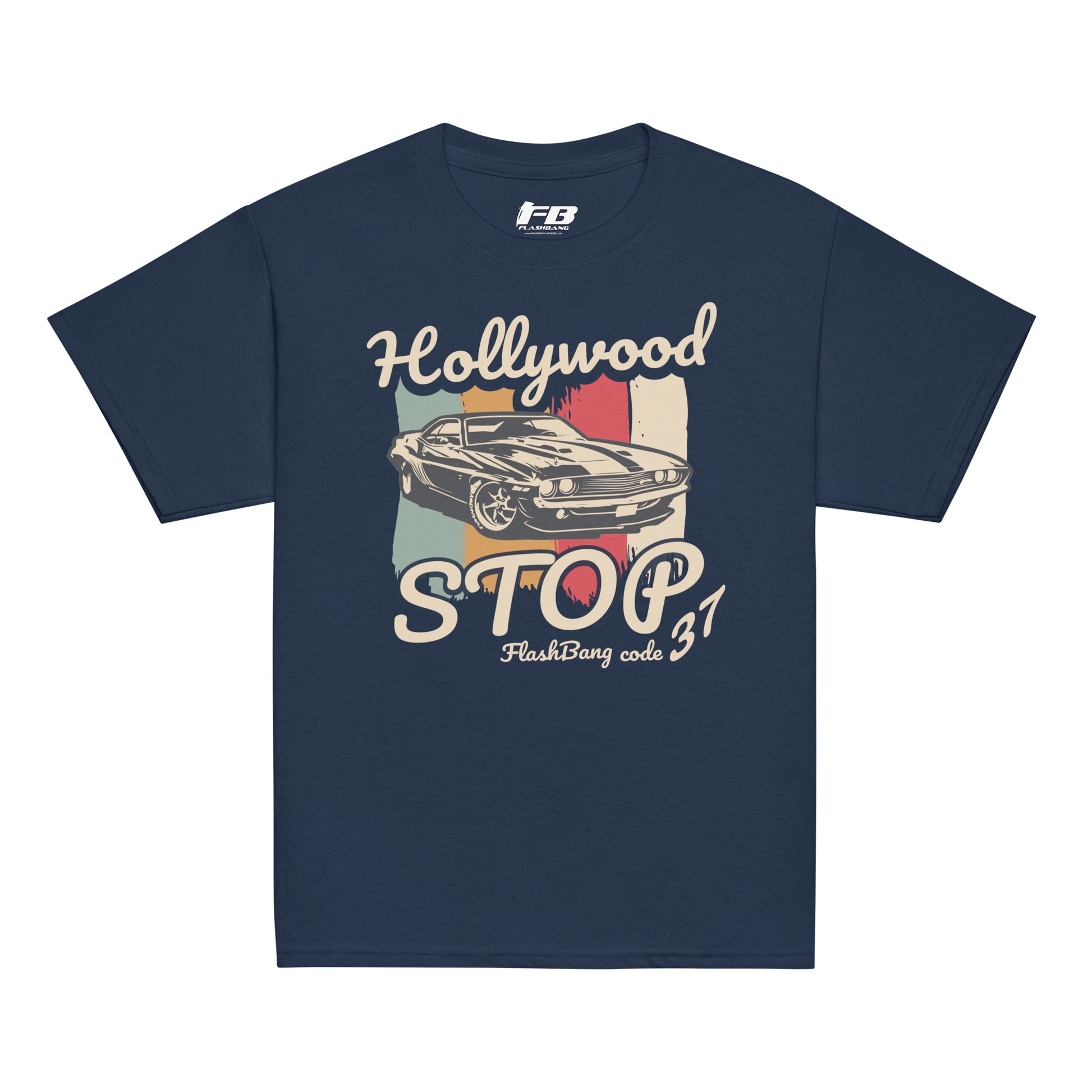 Navy blue t-shirt with vintage car graphic and text on a white background