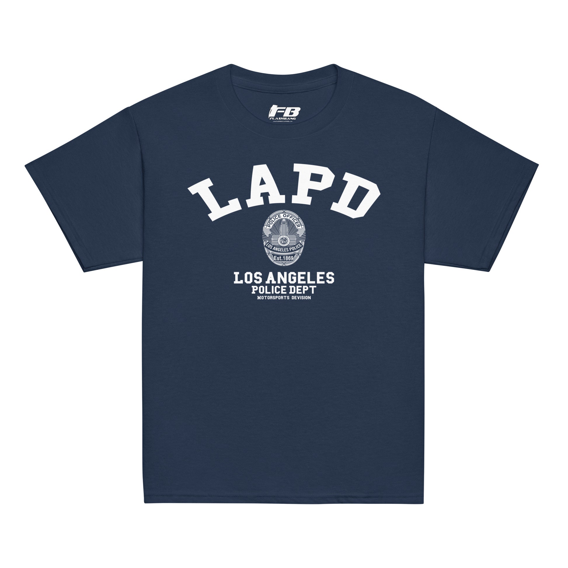 Navy blue t-shirt with LAPD Los Angeles Police Dept logo on a white background