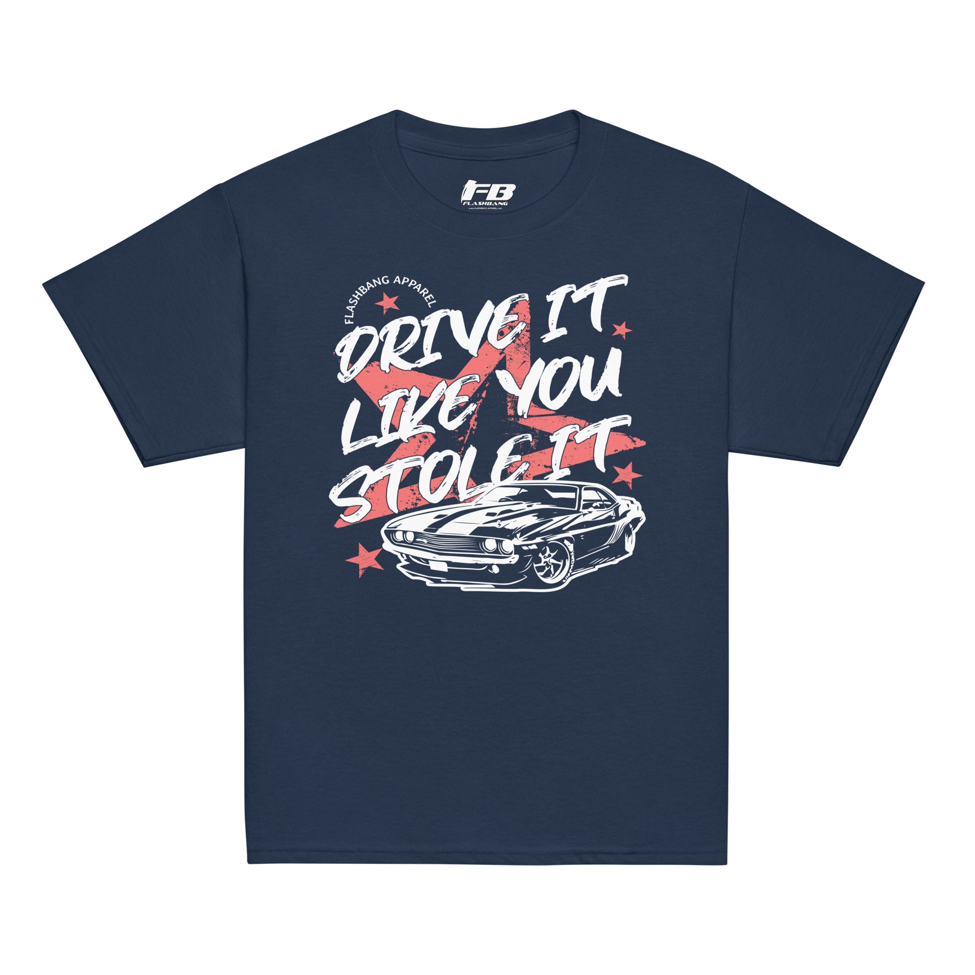 Navy blue t-shirt with graphic design and text on a white background
