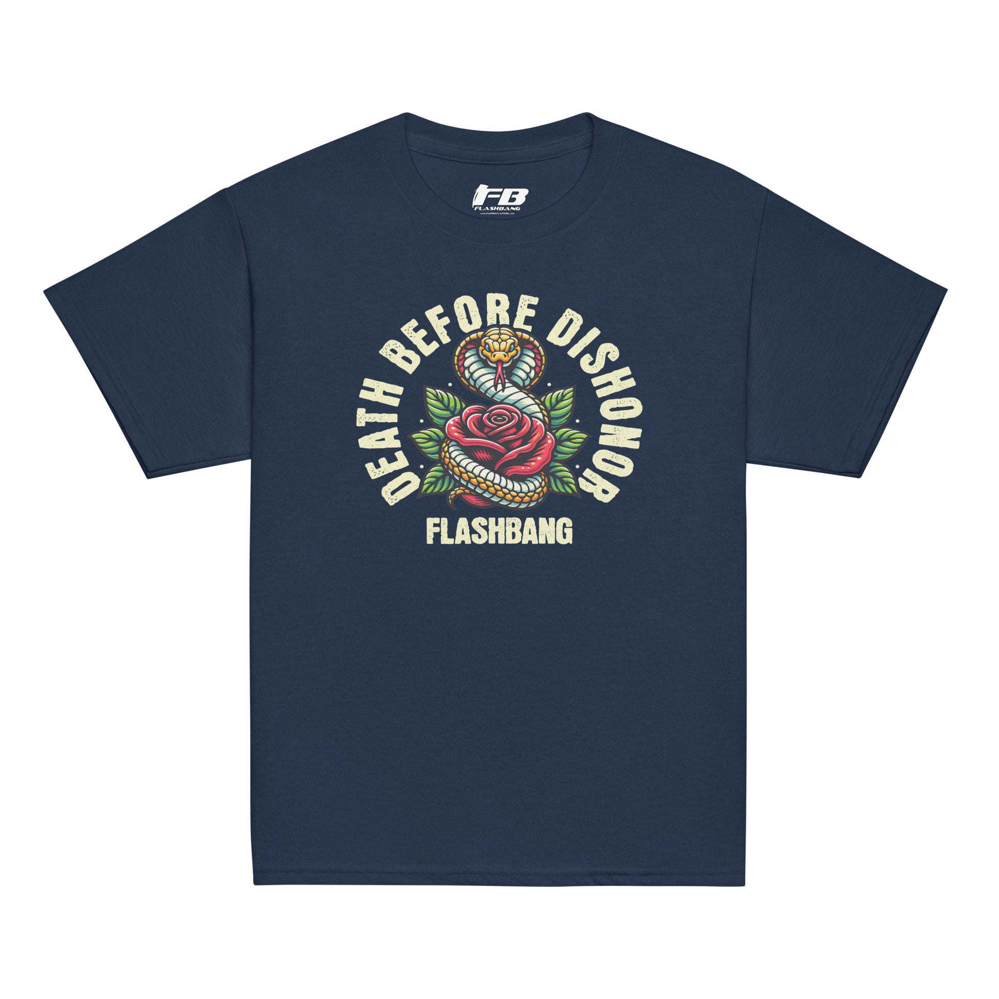 Navy blue t-shirt with 'Death Before Dishonor Flashbang' graphic design on a white background