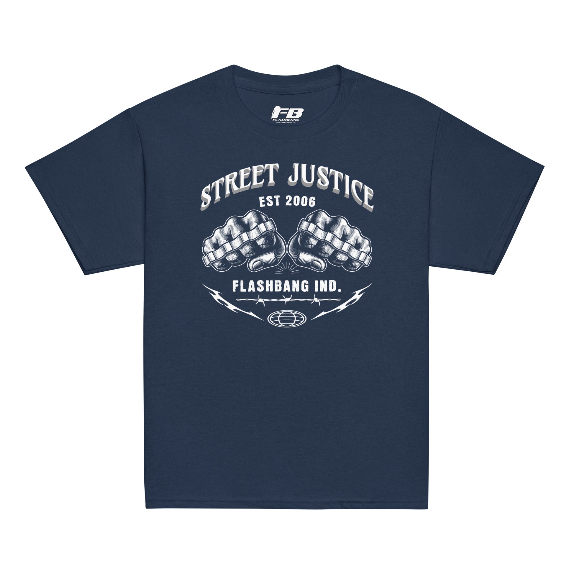 Navy blue t-shirt with white graphic design on a white background