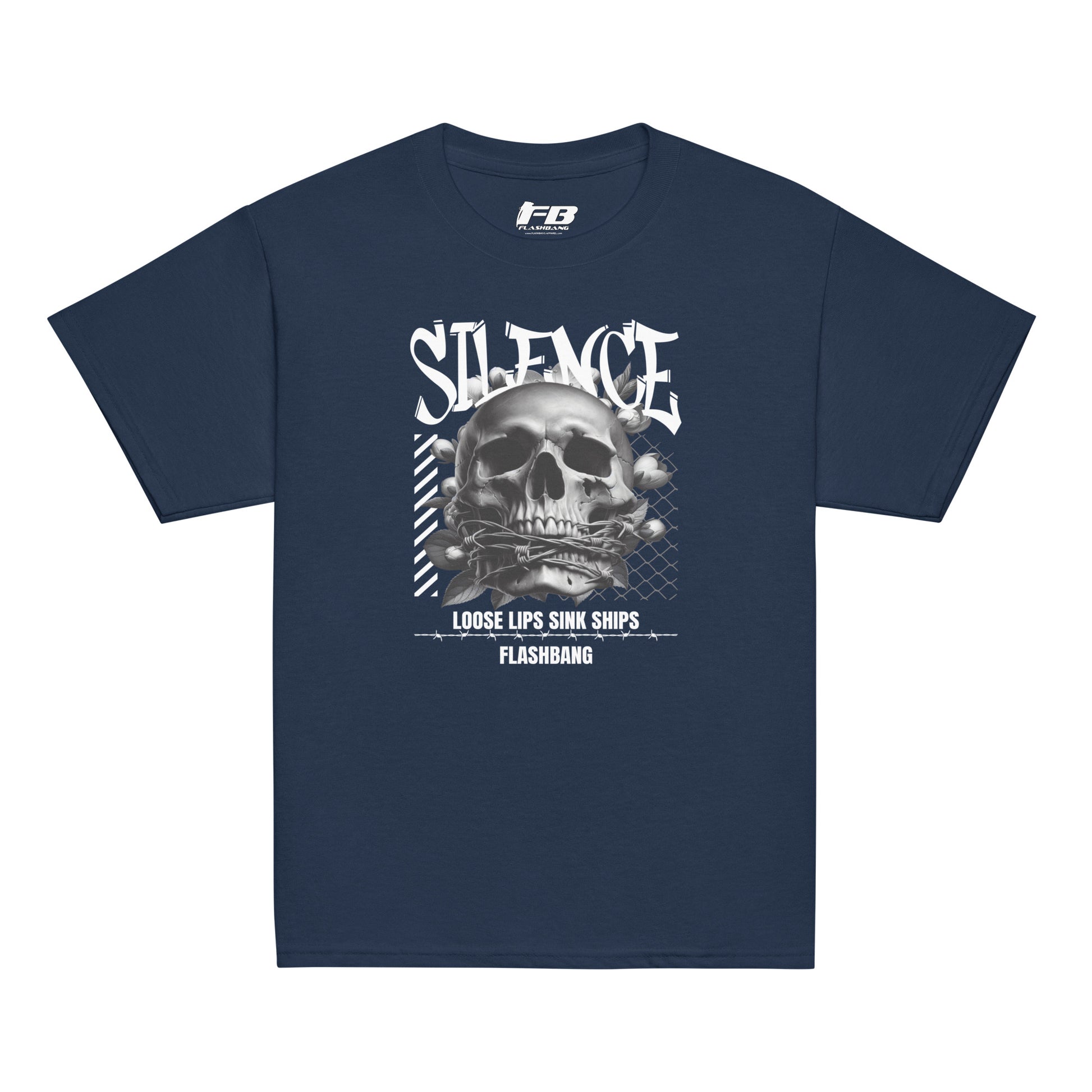 Navy blue t-shirt with skull graphic and text on a white background