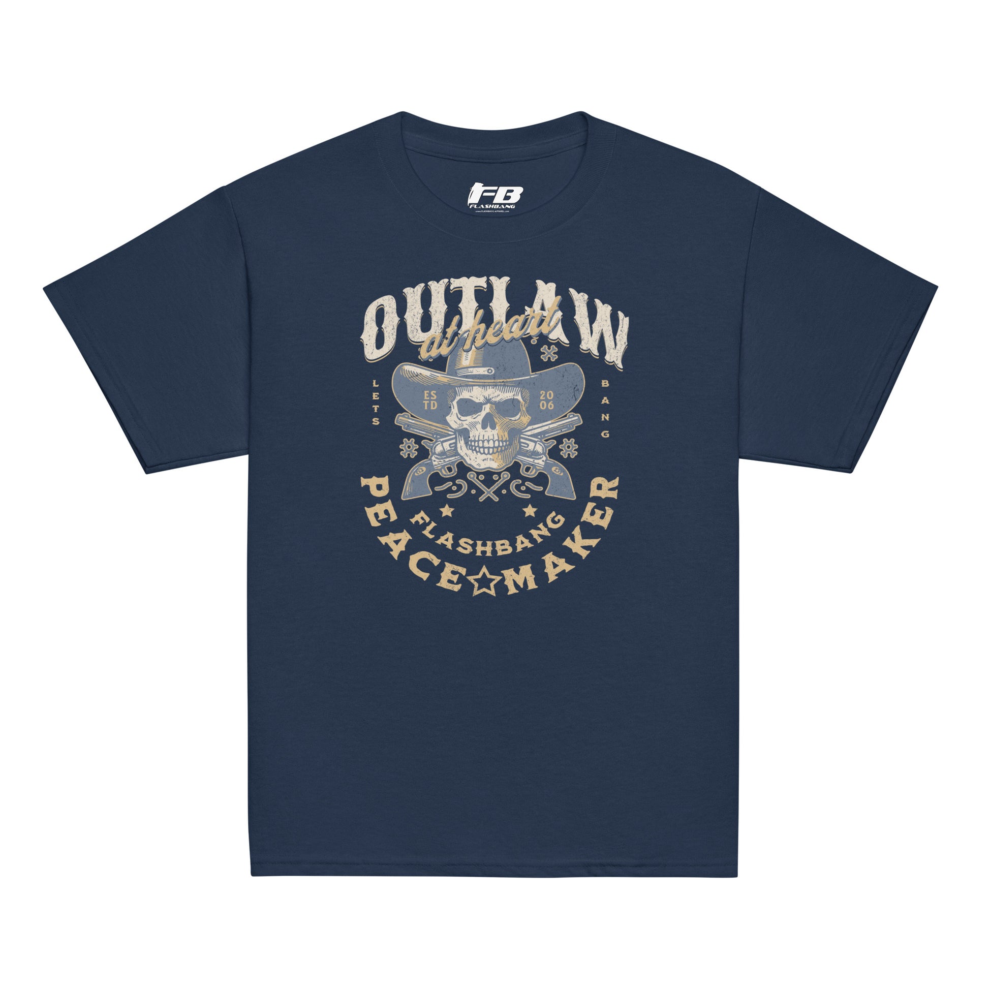 Navy blue t-shirt with graphic design and text on a white background