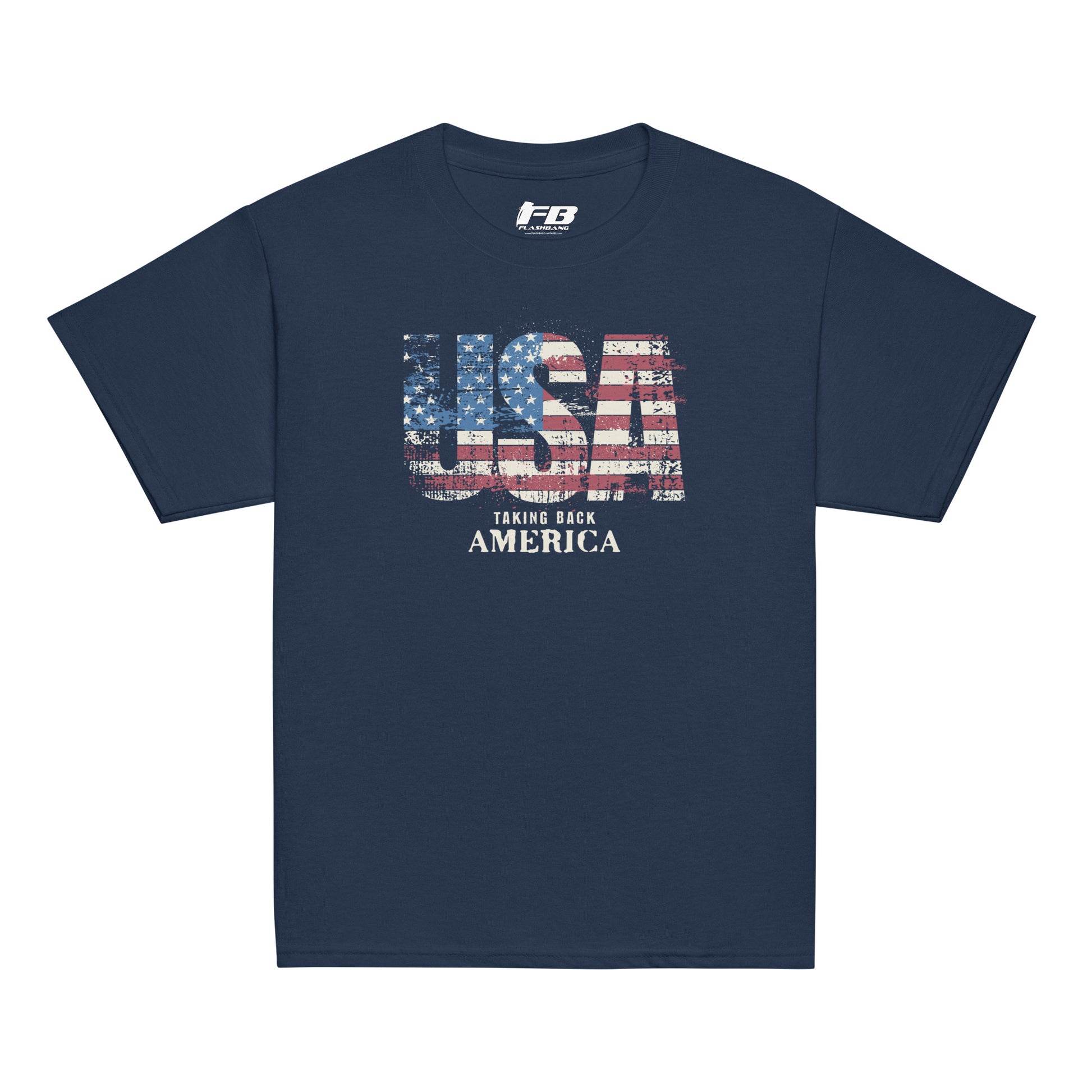 Navy blue t-shirt with 'USA Taking Back America' graphic on a white background