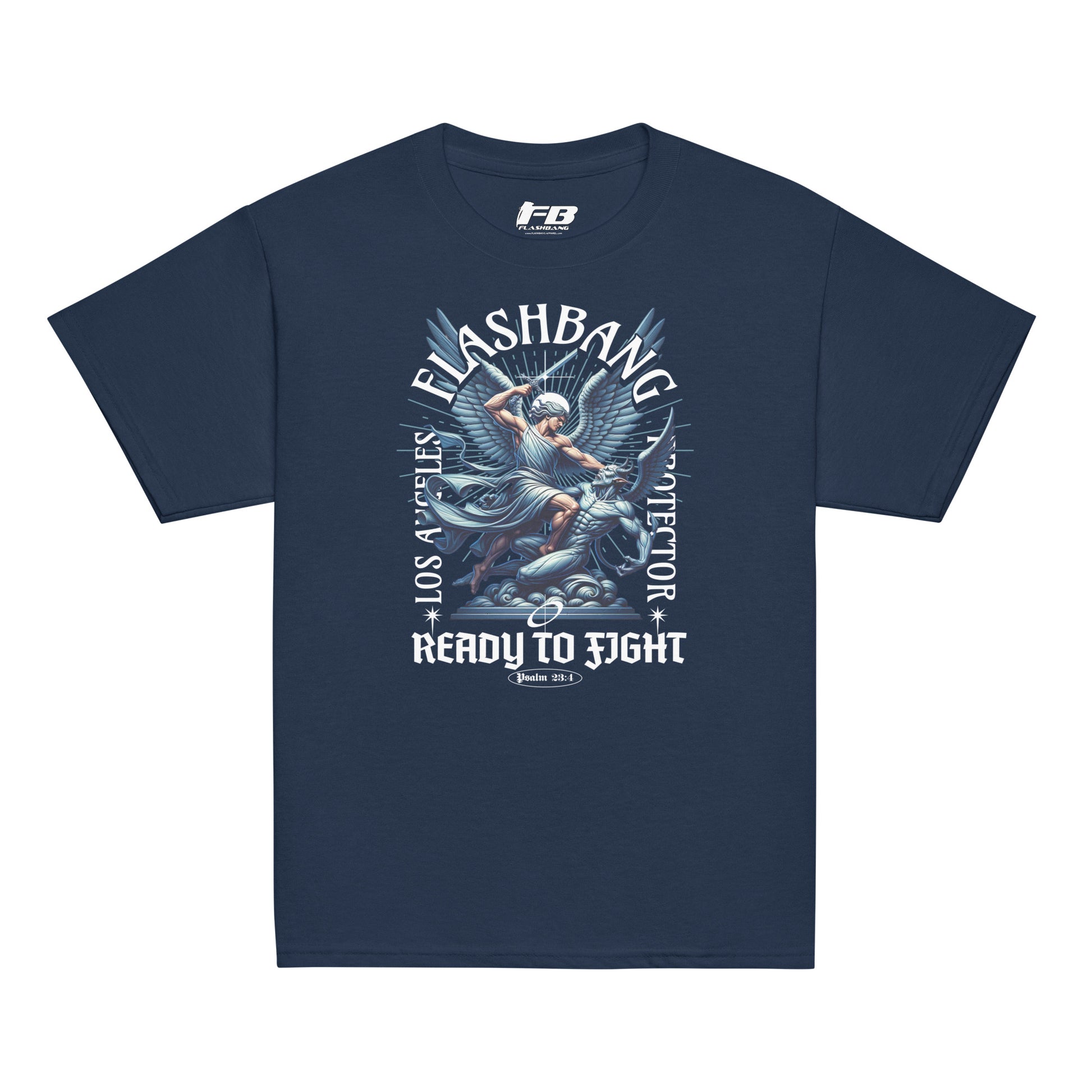 Navy blue t-shirt with graphic design and text on a white background