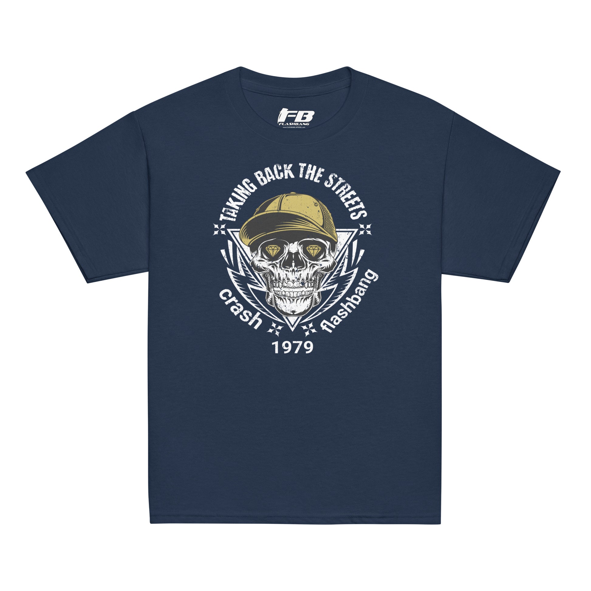 Navy blue t-shirt with a graphic design featuring a skull and text on a white background