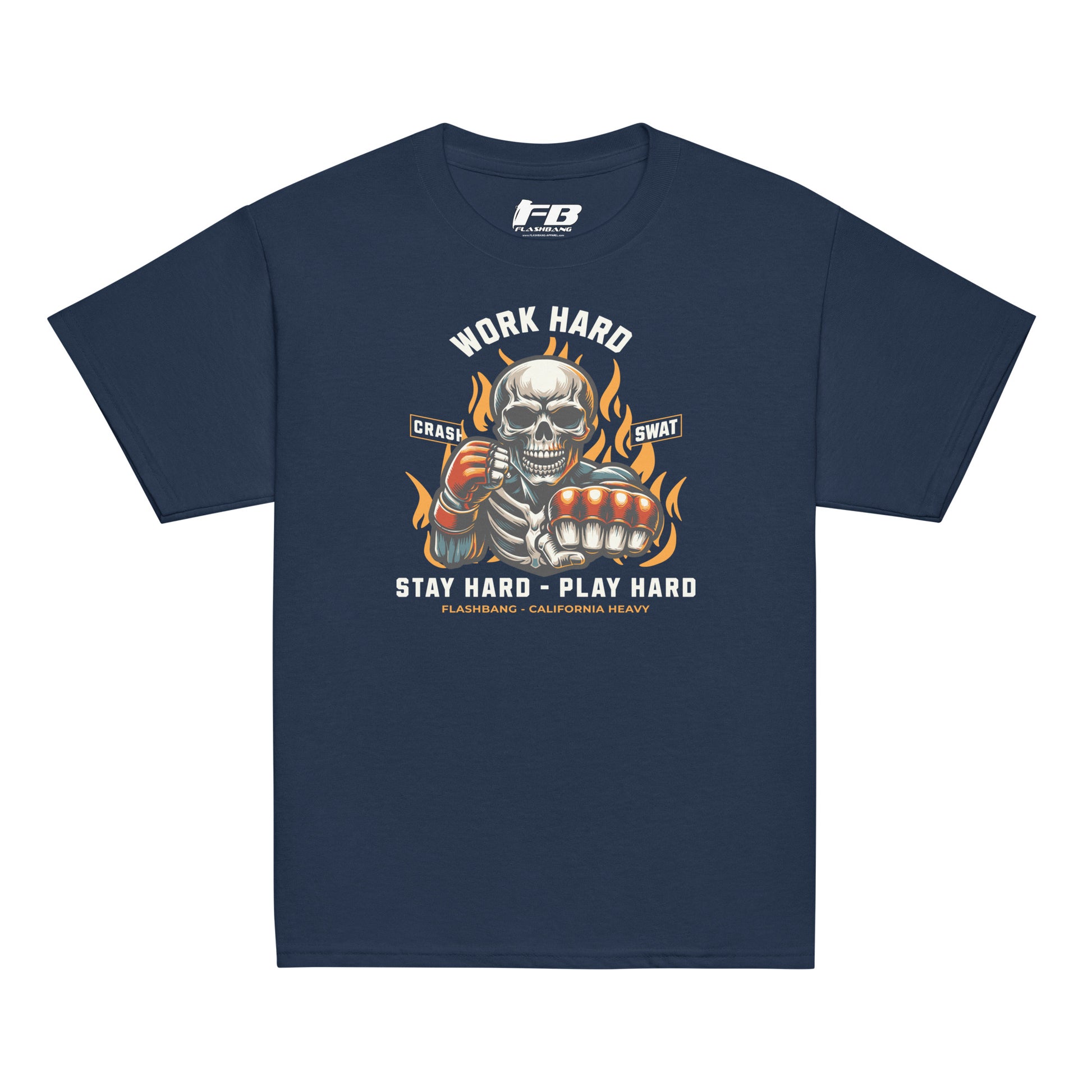 Navy blue t-shirt with a graphic design featuring a skeleton and text on a white background