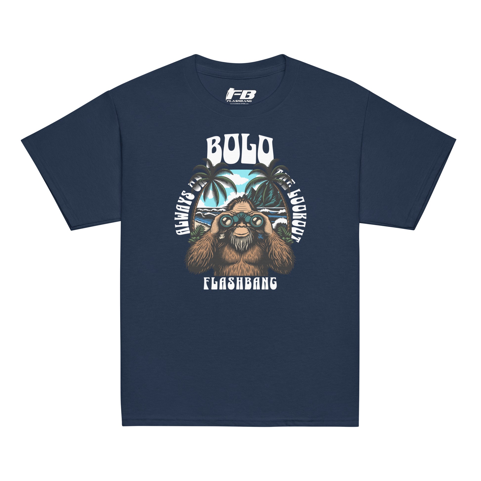 Navy blue t-shirt with a graphic design of a monkey and text on a white background