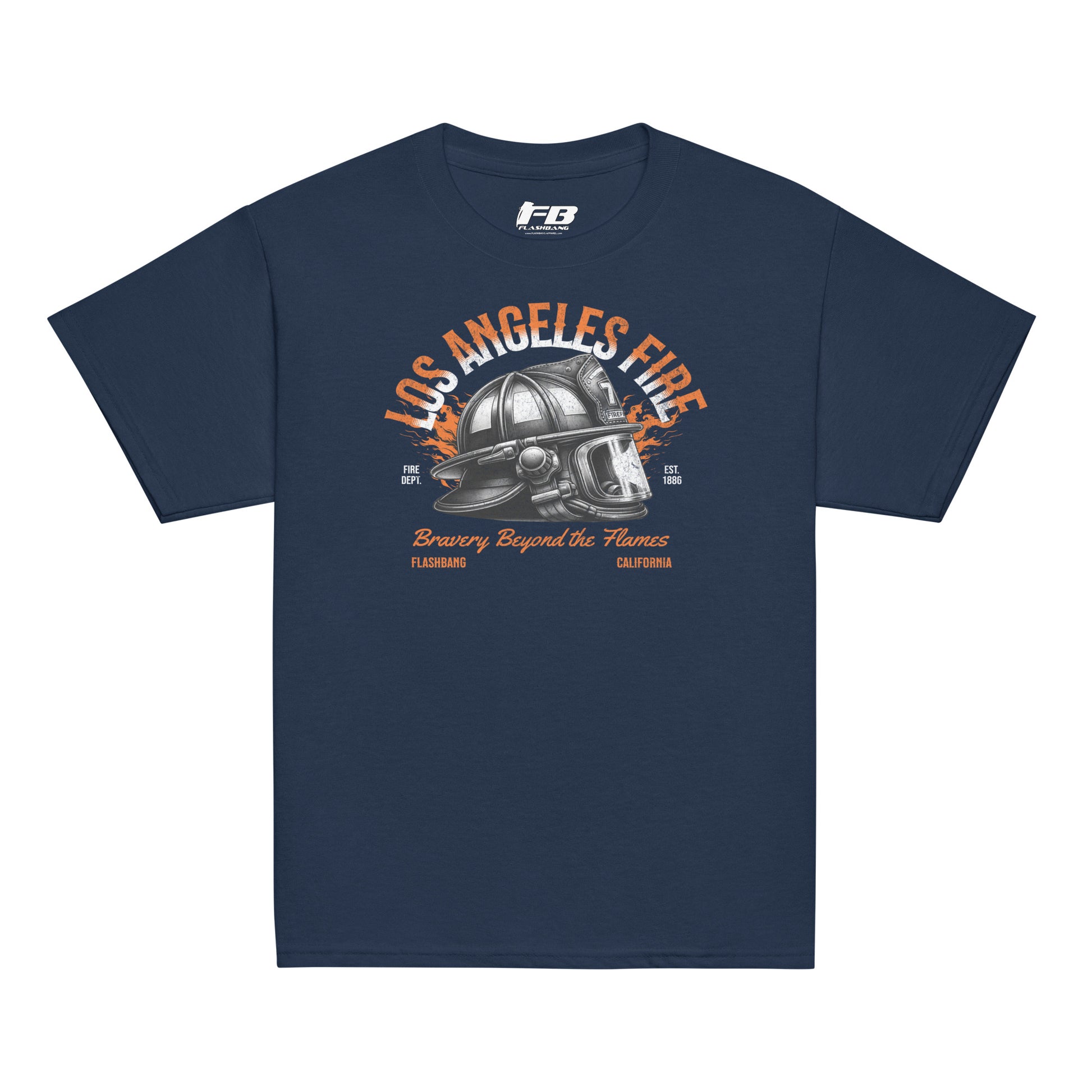Navy blue t-shirt with 'Los Angeles Fire' graphic design on a white background