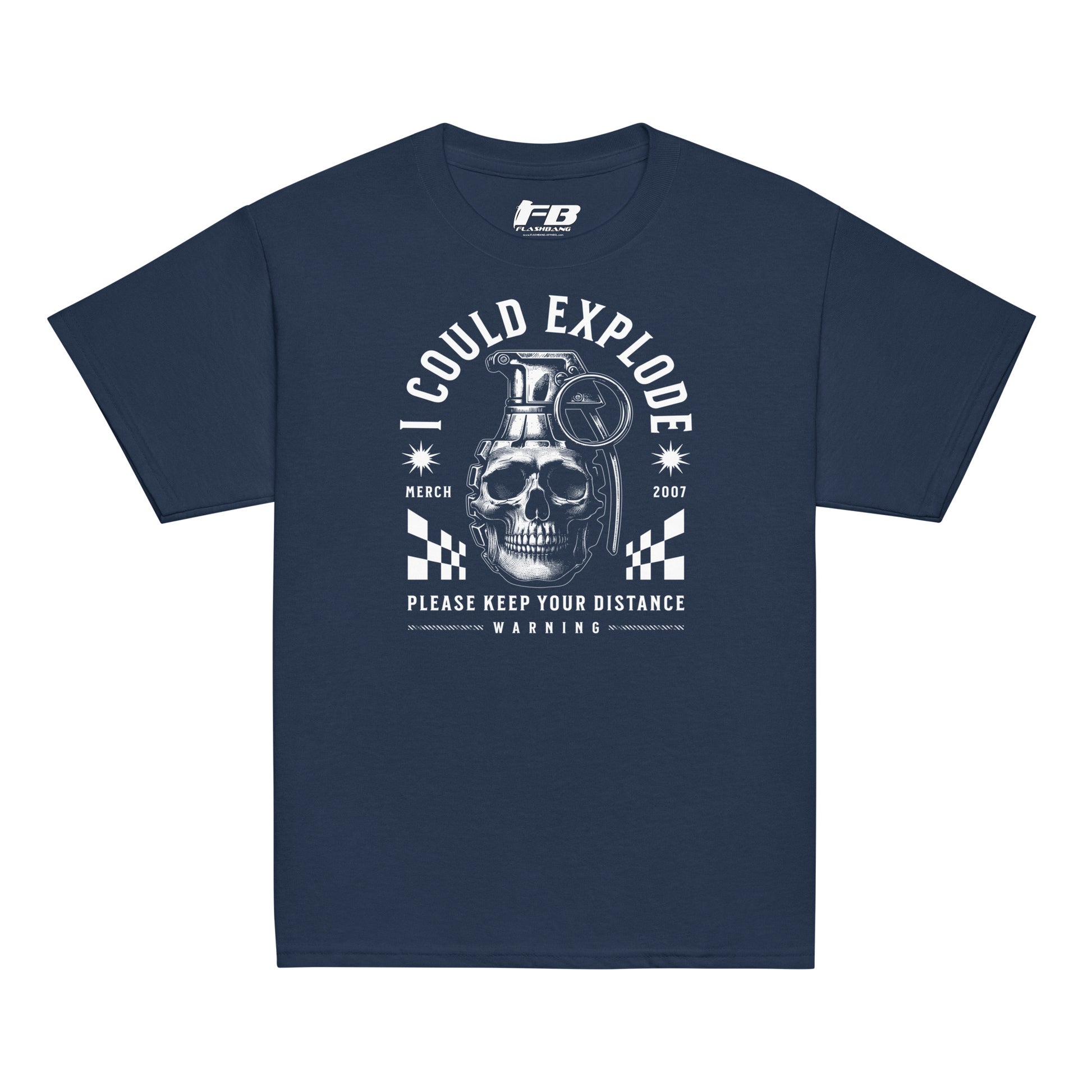 Navy blue t-shirt with a graphic design featuring a skull and warning text on a white background.