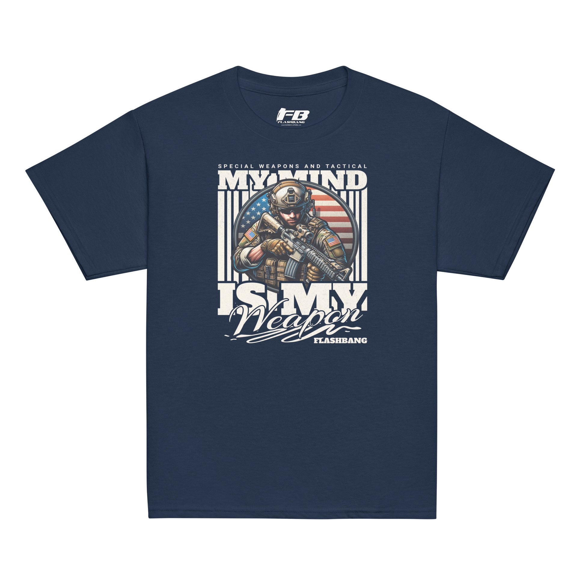 Navy blue t-shirt with graphic design featuring a soldier and text on a white background
