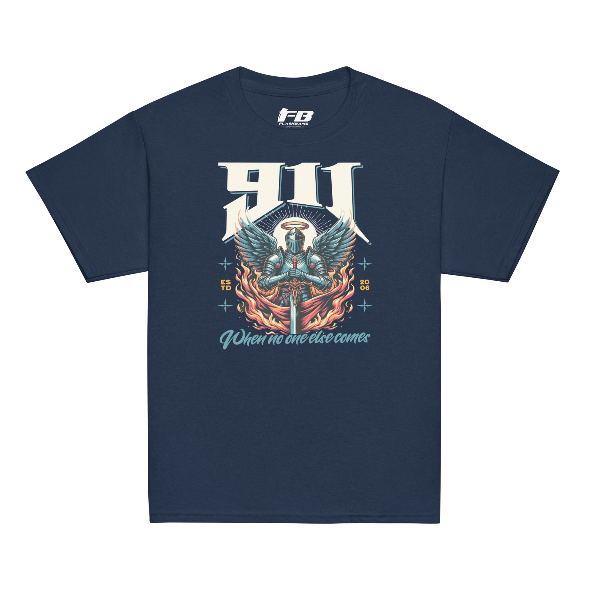 Navy blue t-shirt with a graphic design featuring an angel and text on a white background