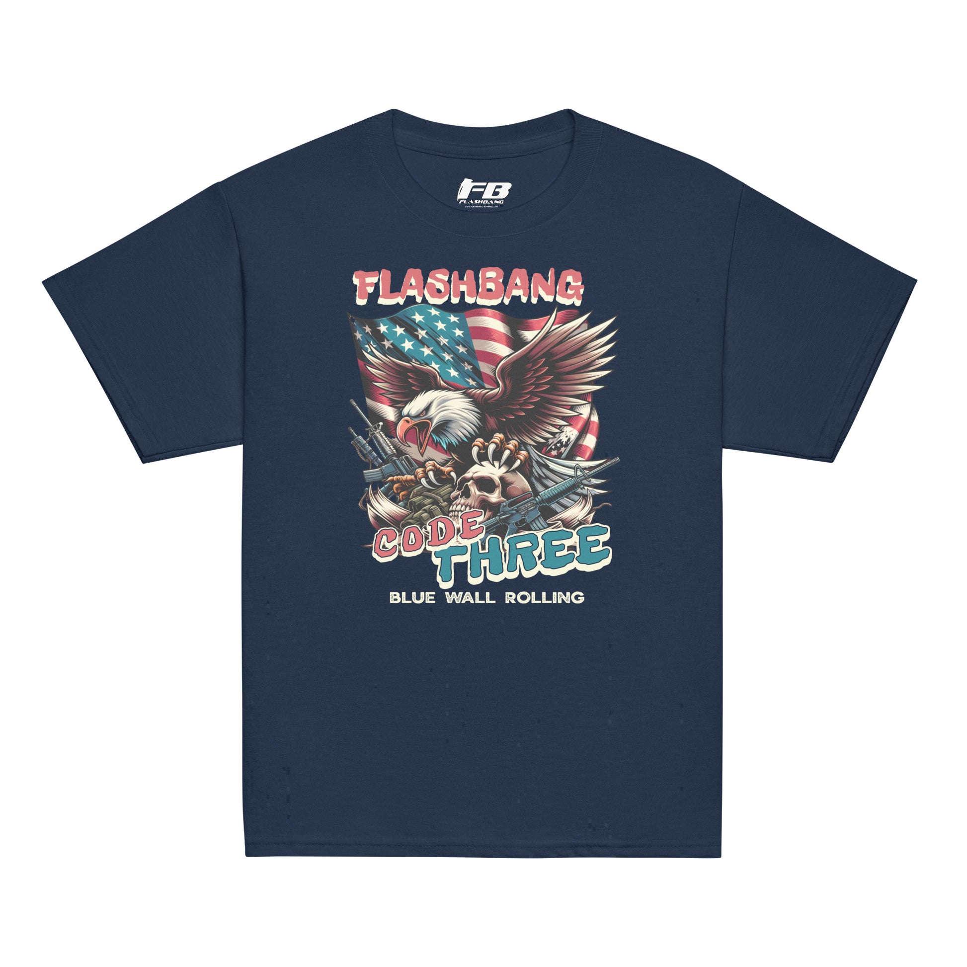 Navy blue t-shirt with graphic design featuring an eagle, American flag, and text on a white background.