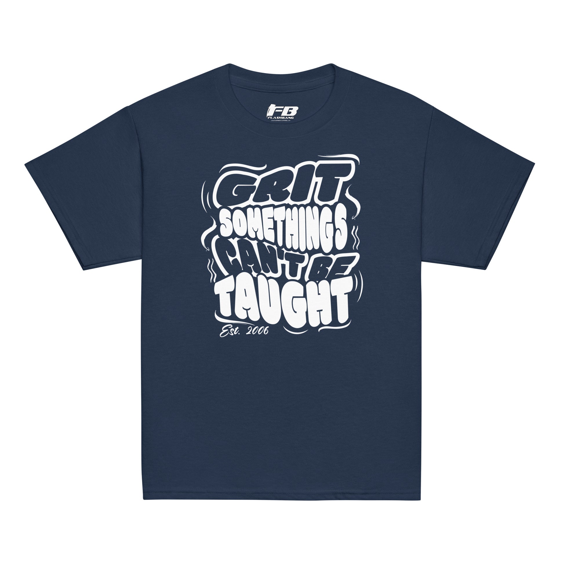 Navy blue t-shirt with white text on a white background