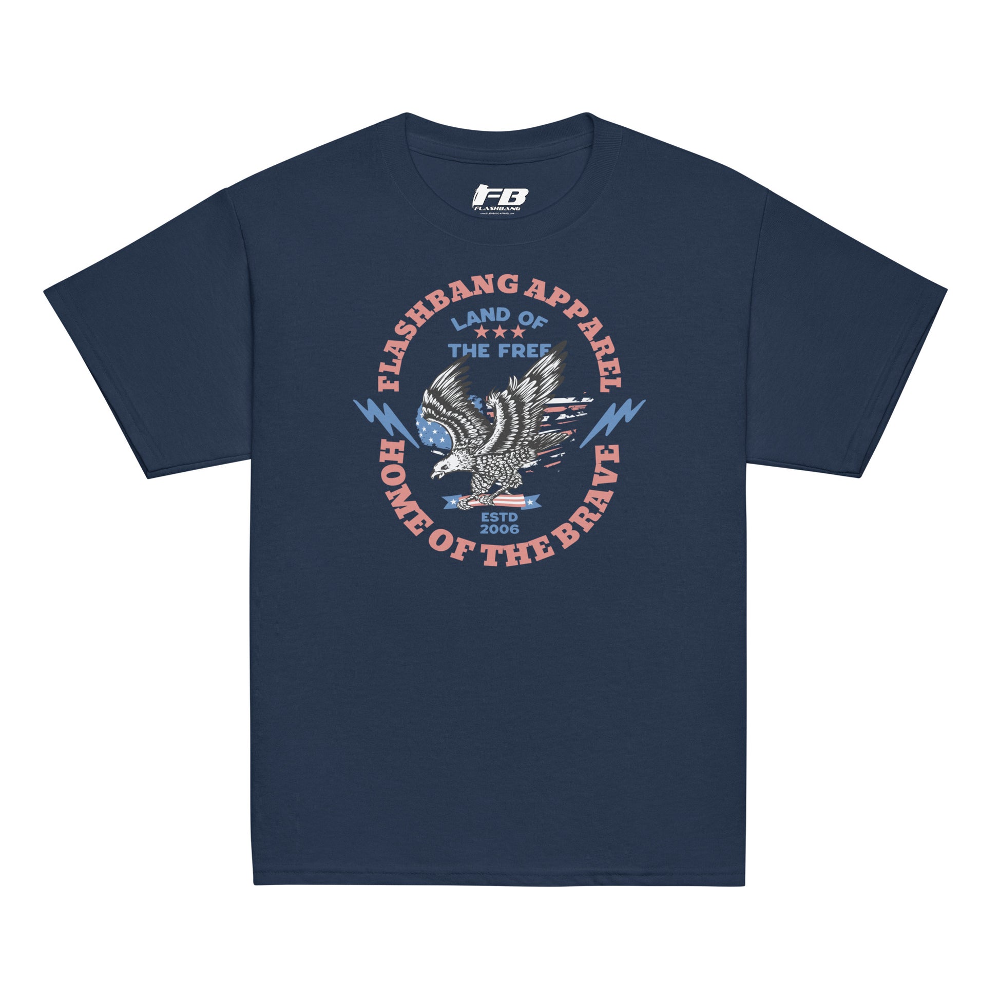 Navy blue t-shirt with an eagle graphic and text on a white background