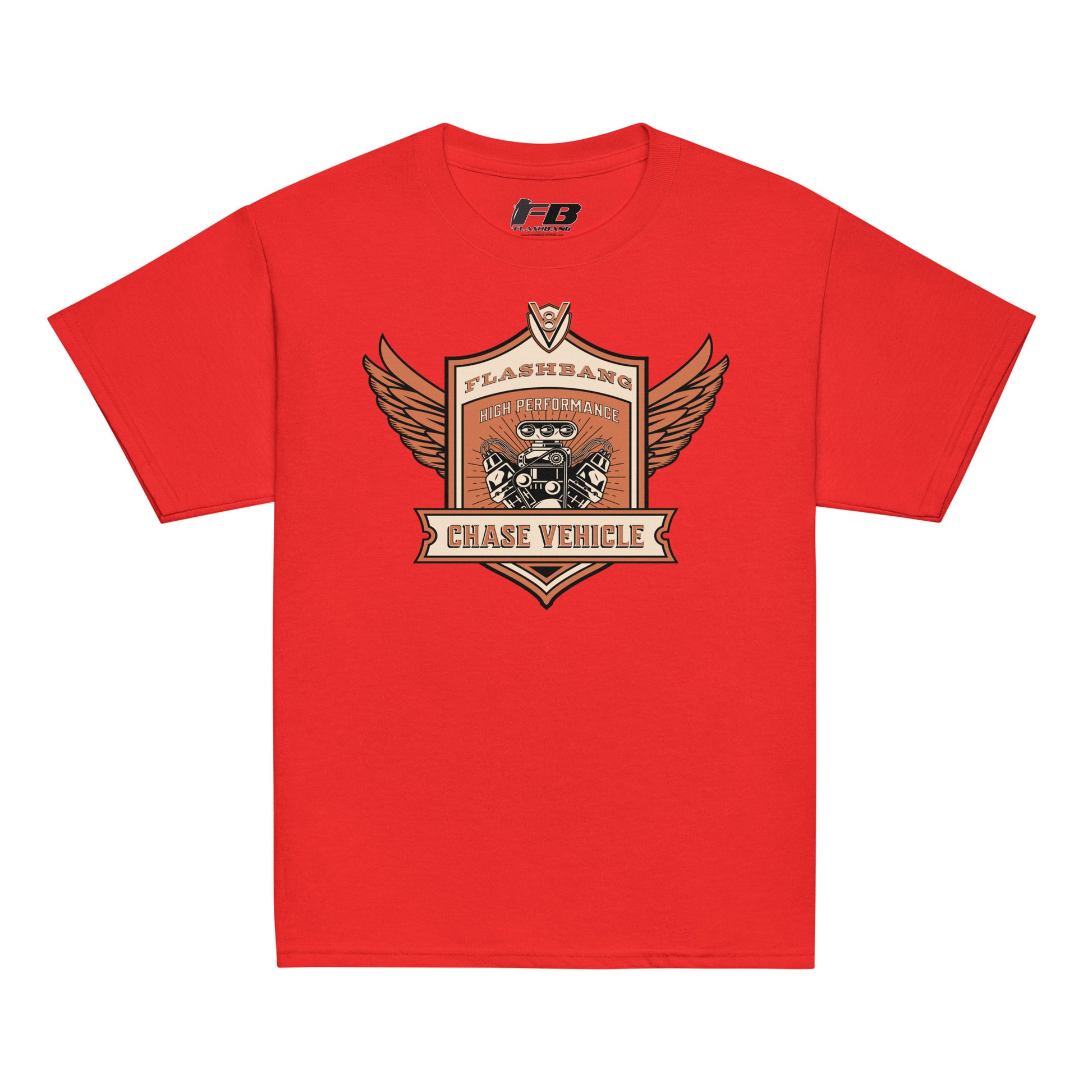Red t-shirt with a graphic design on a white background