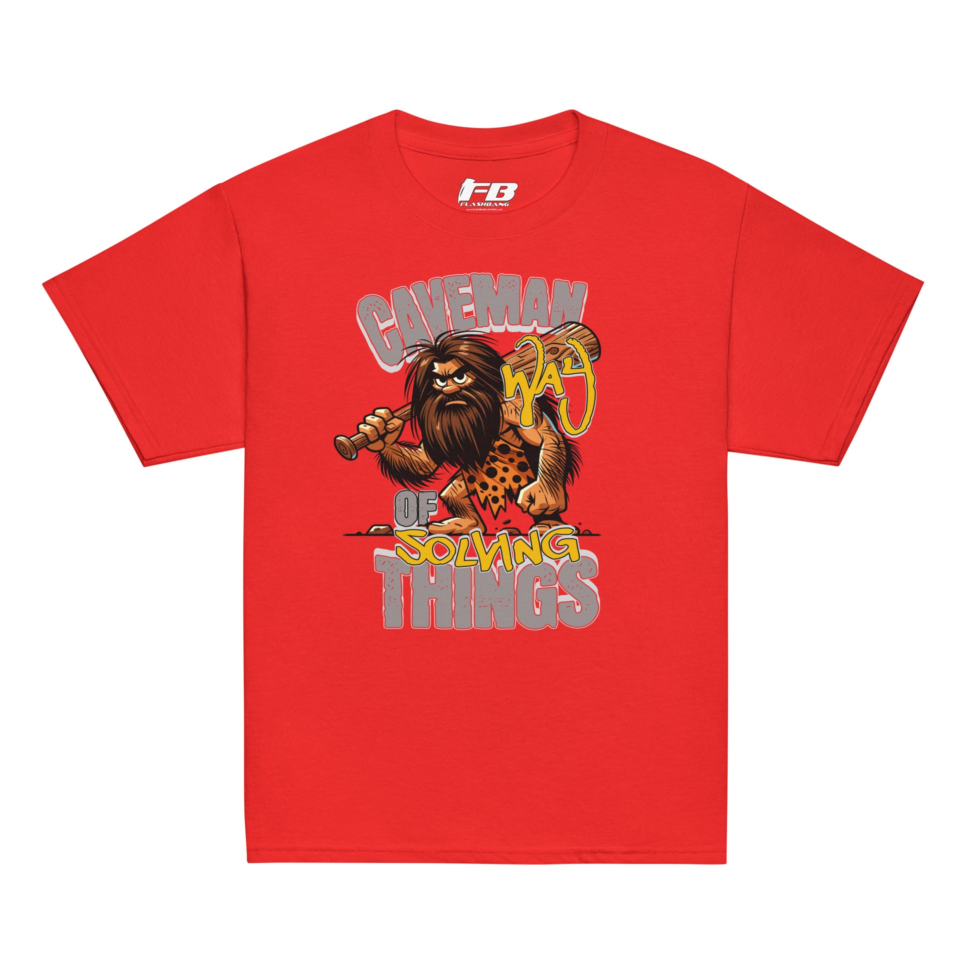 Red t-shirt with a cartoon caveman design on a white background