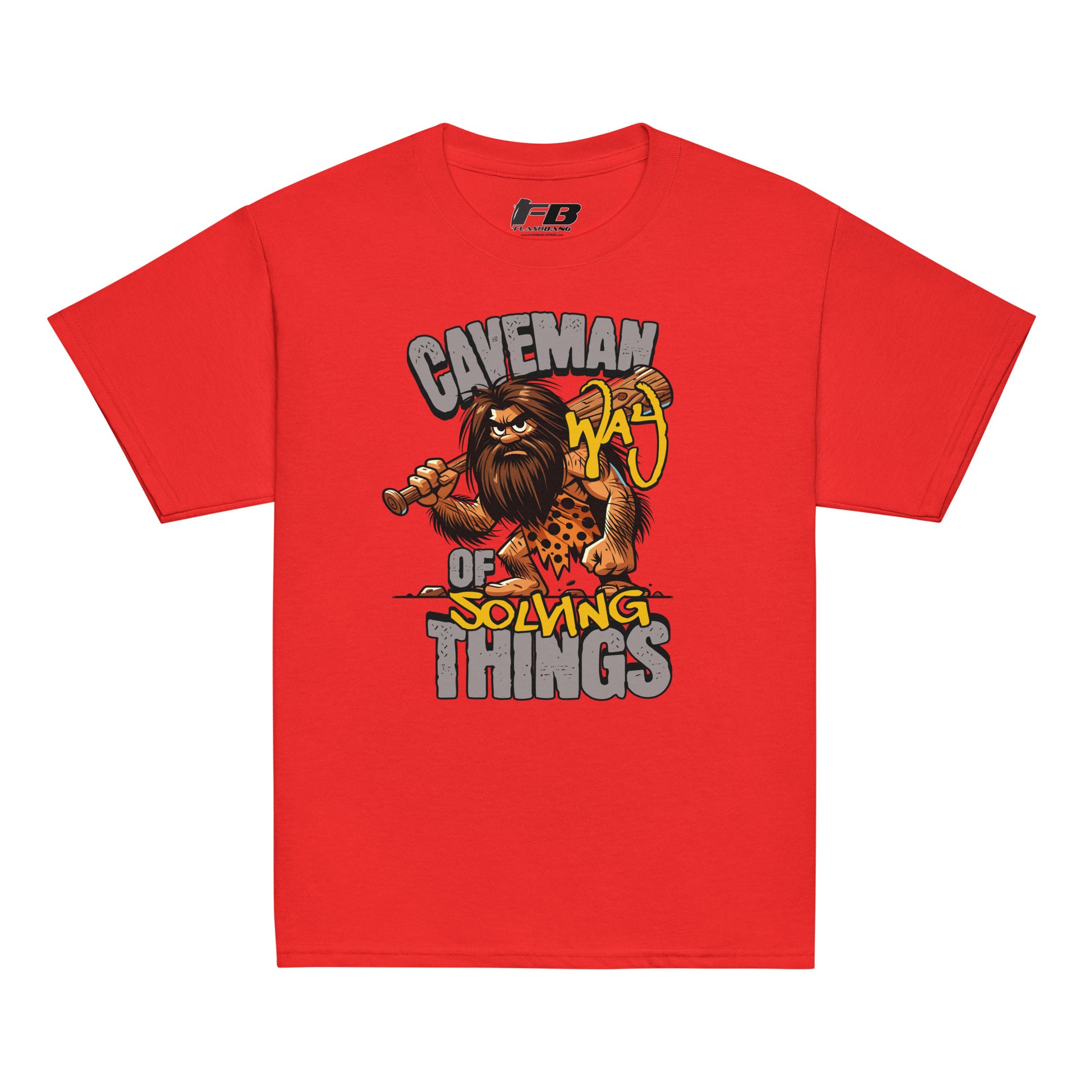 Red t-shirt with a graphic of a caveman and text on a white background