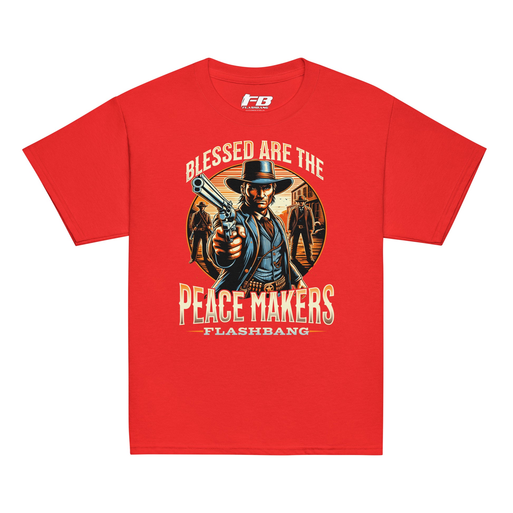 Red t-shirt with a graphic of a cowboy holding a gun and text on a white background