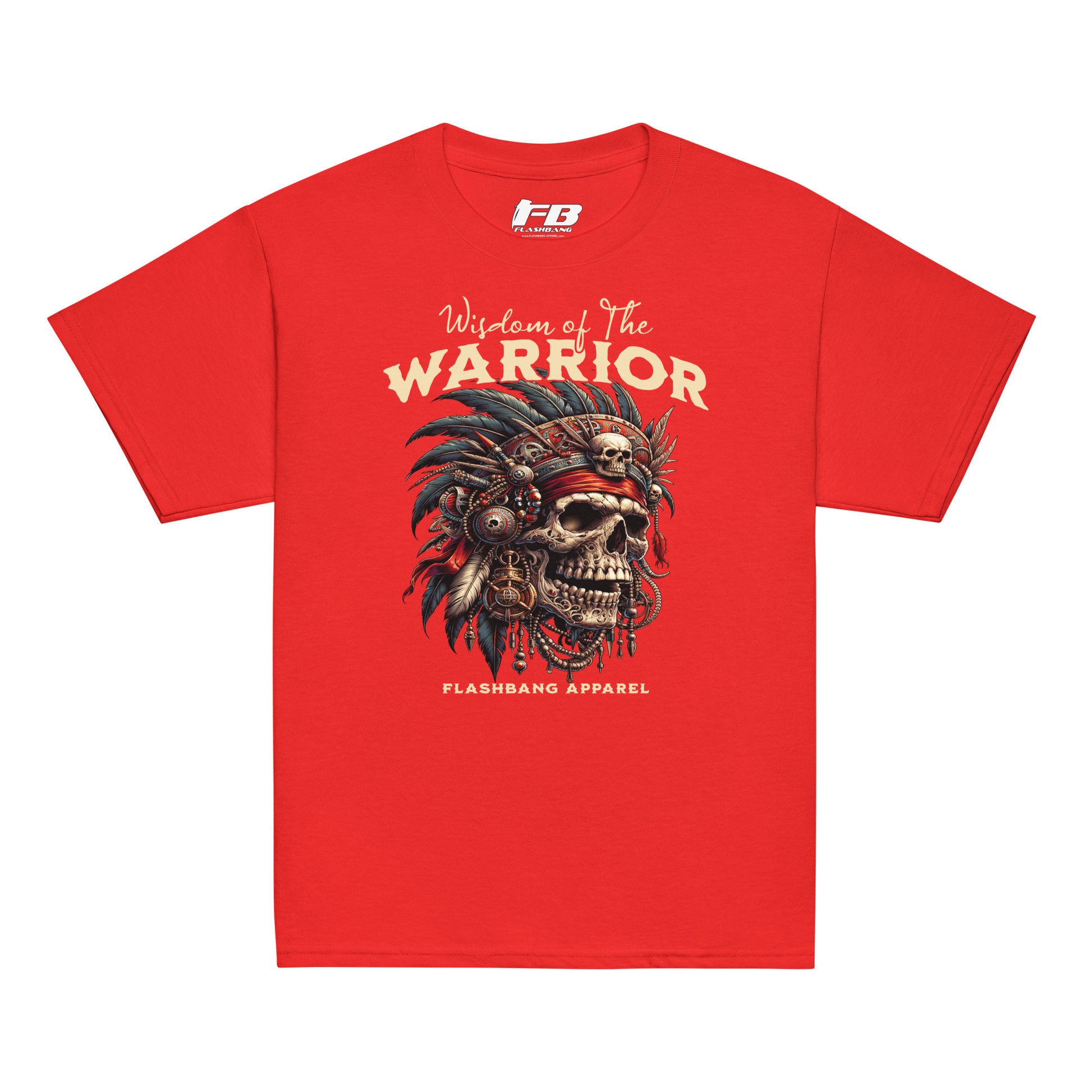 Red t-shirt with 'Warrior' graphic design on a white background
