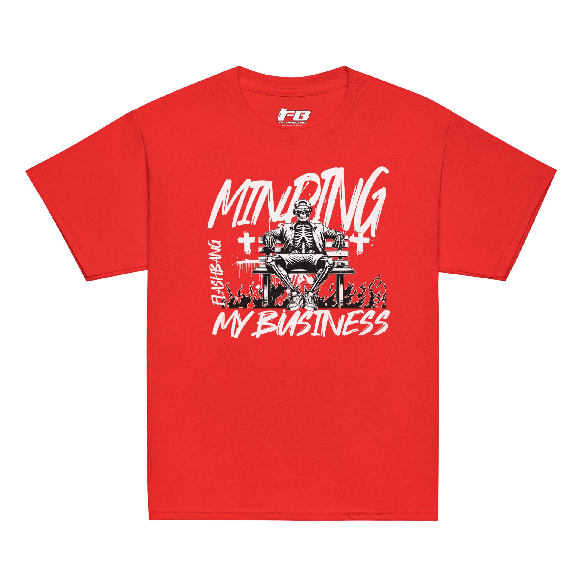 Red t-shirt with graphic design and text on a white background