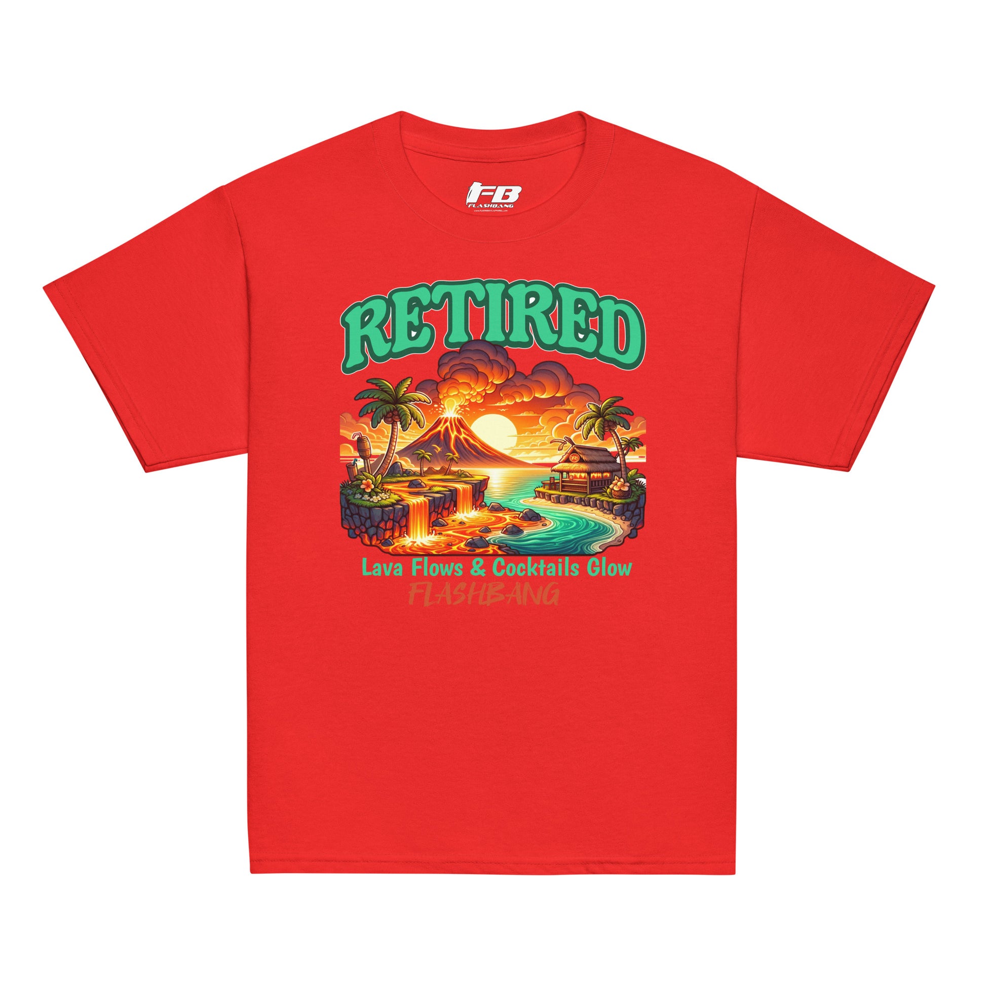Red t-shirt with a tropical graphic and 'Retired' text on a white background