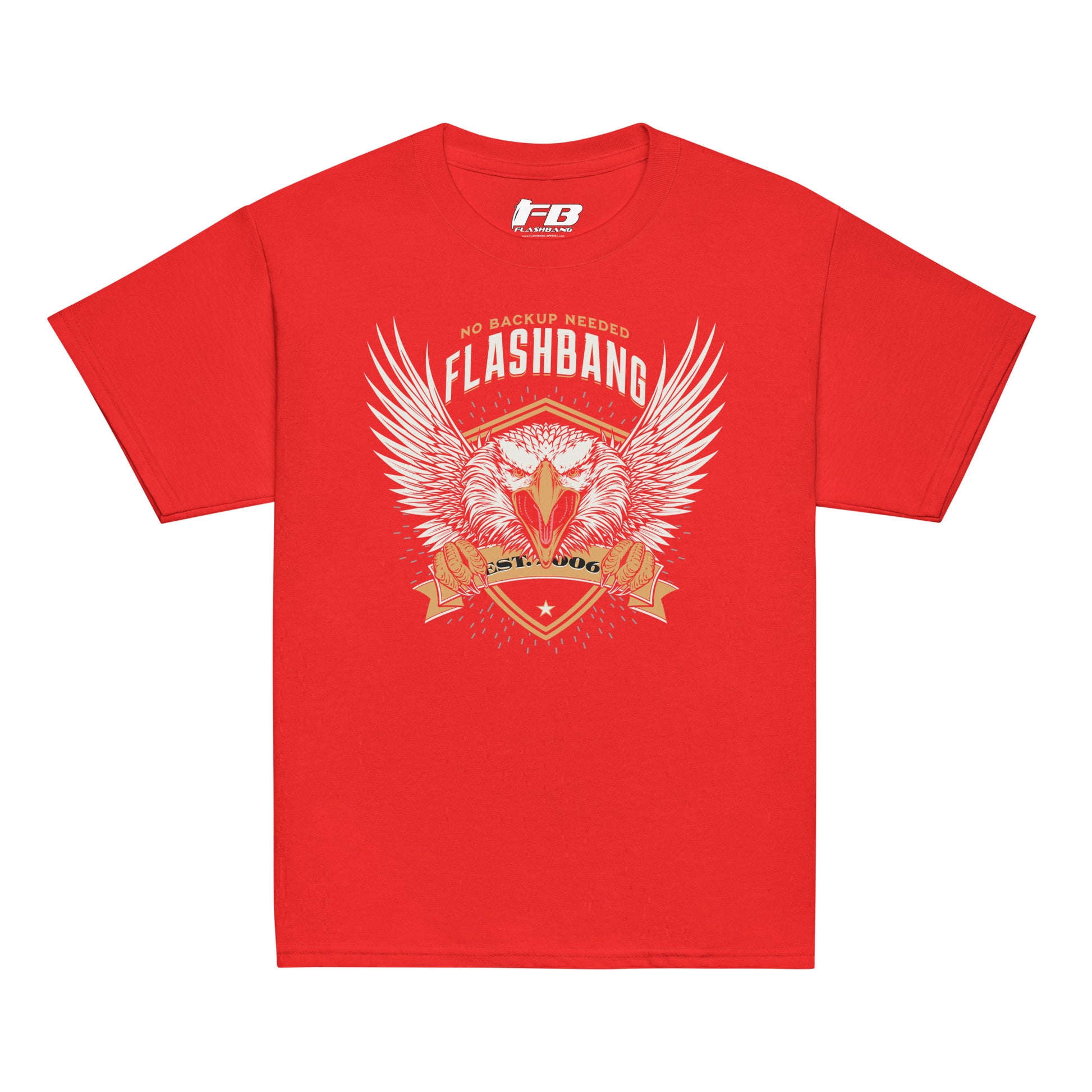 Red t-shirt with white graphic design and text on a white background