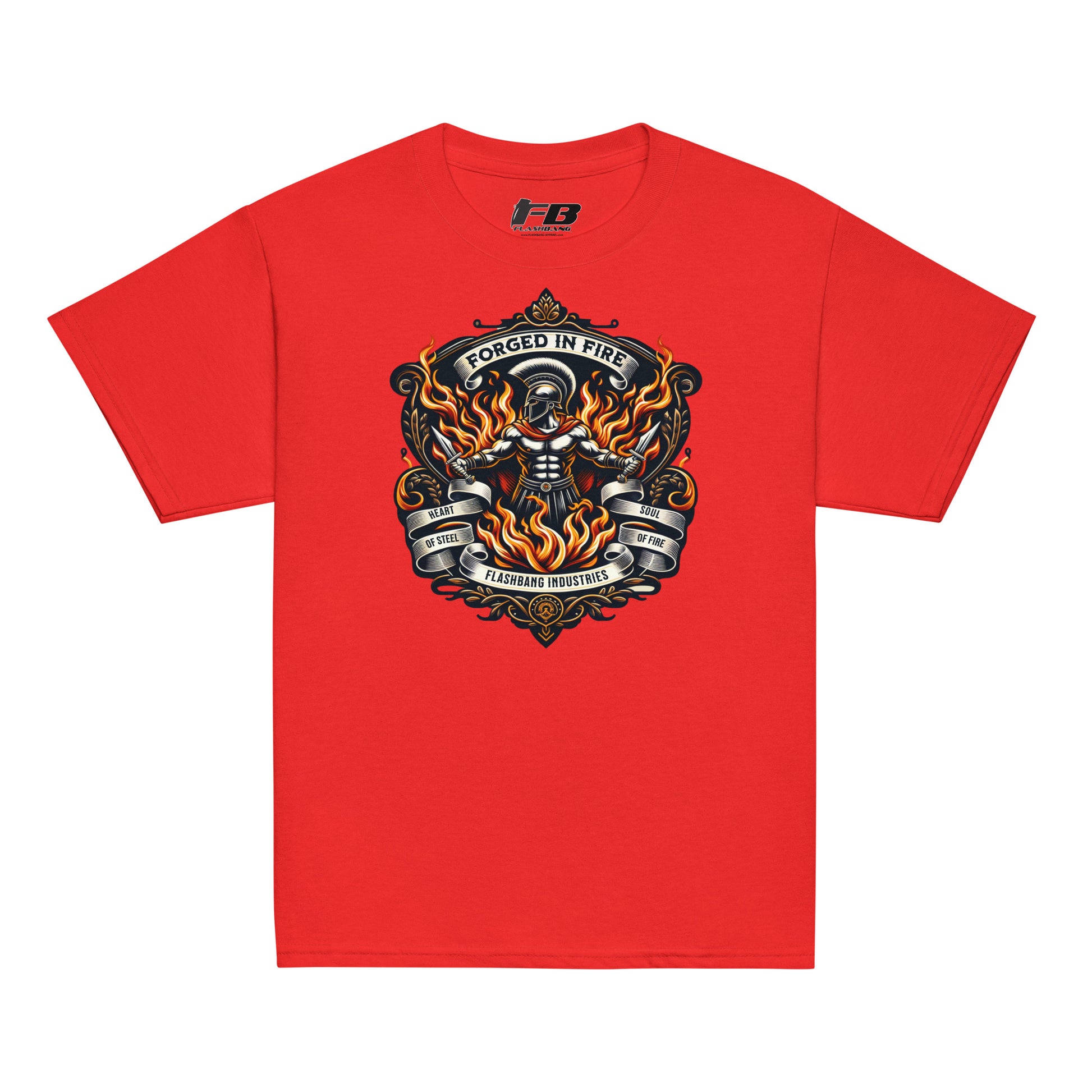 Red t-shirt with a graphic design on a white background