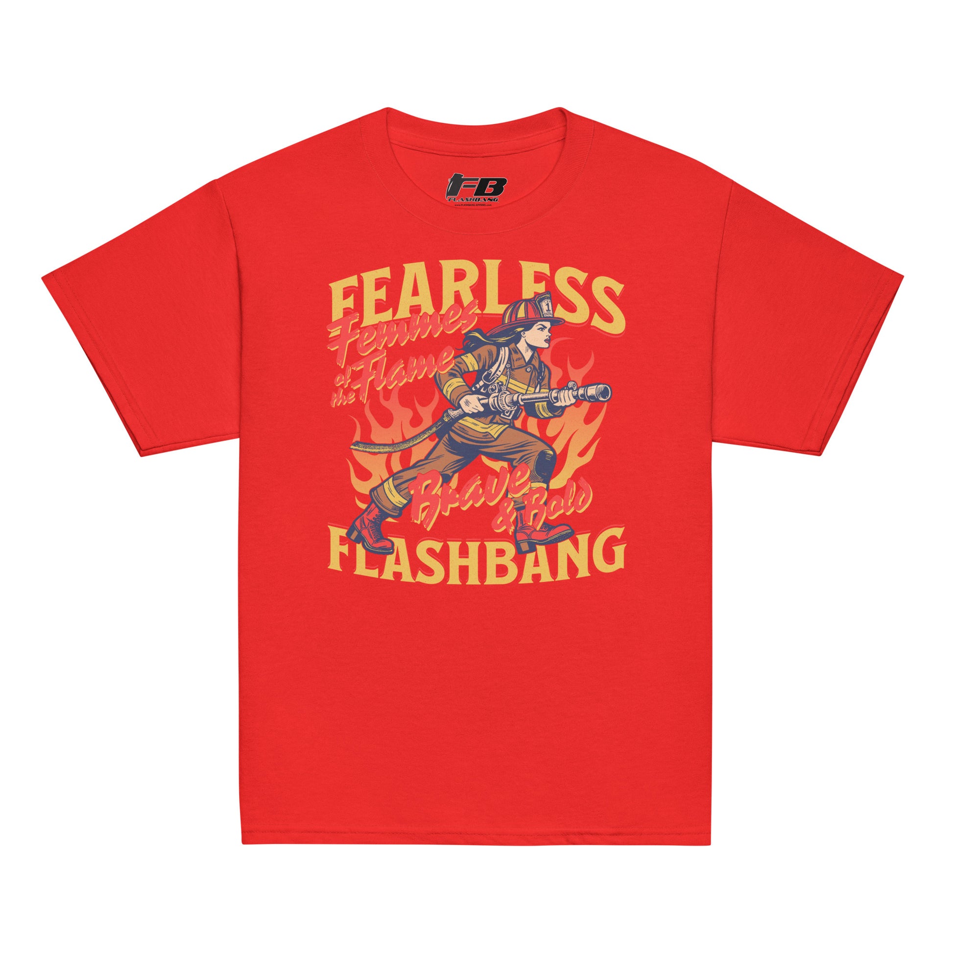 Red t-shirt with graphic design and text on a white background