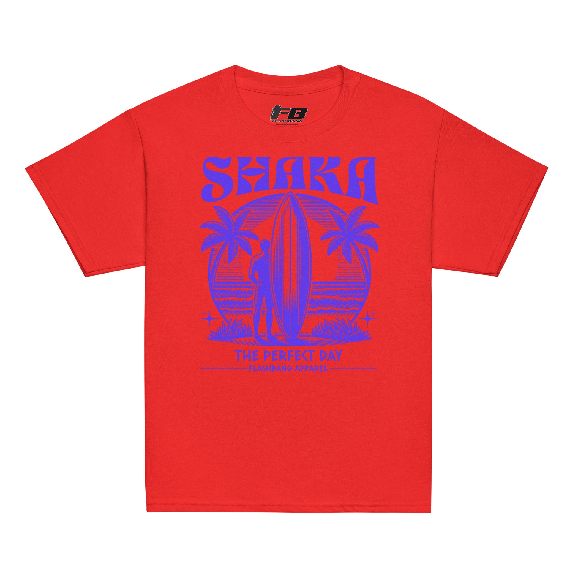 Red t-shirt with blue graphic and text on a white background