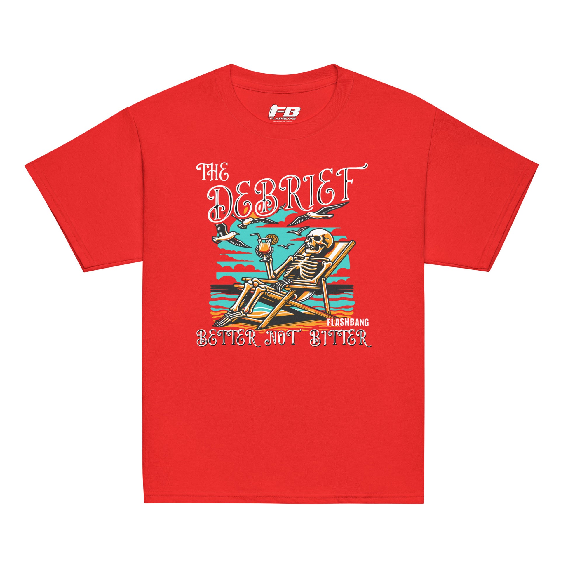 Red t-shirt with a skeleton graphic and text on a white background