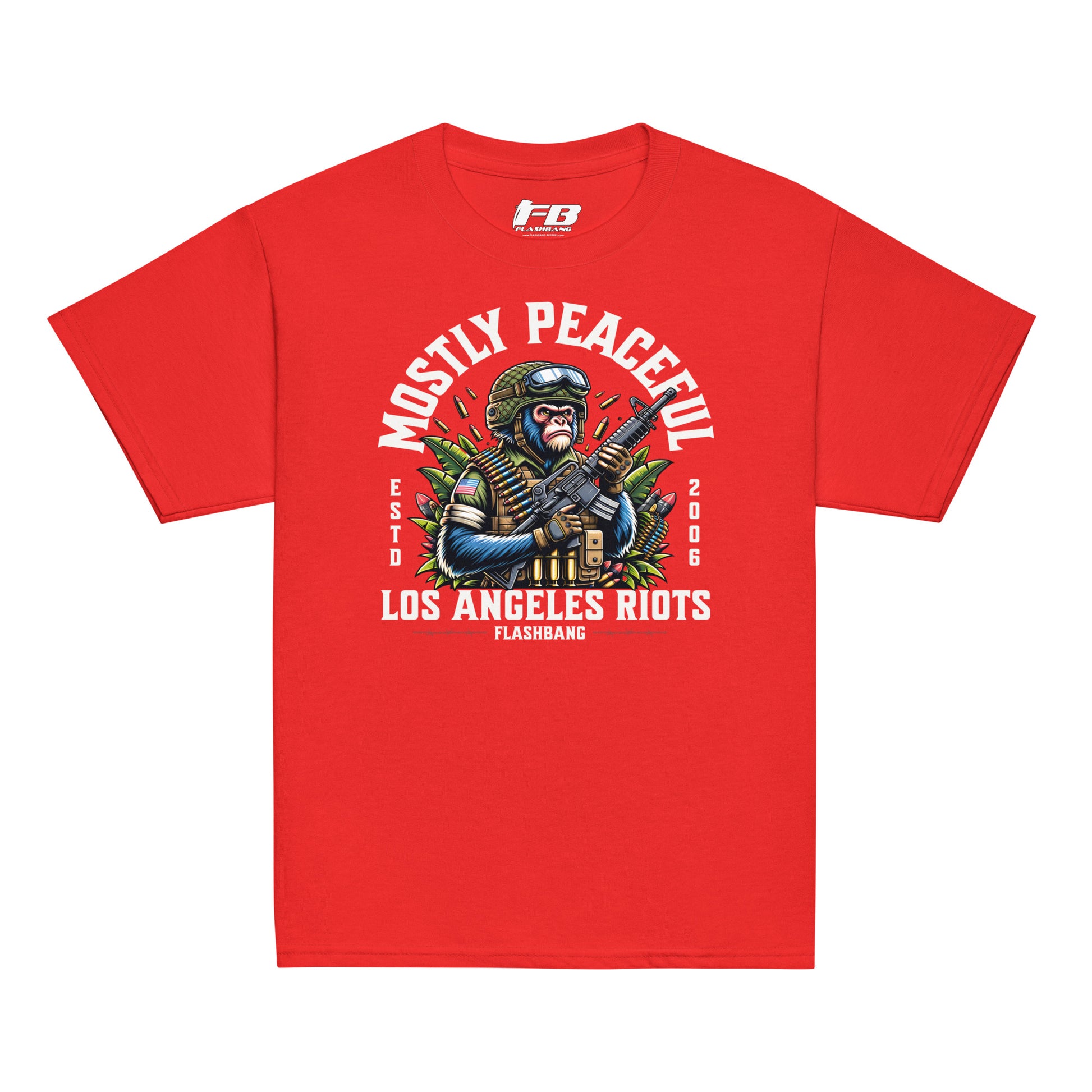 Red t-shirt with graphic design and text on a white background