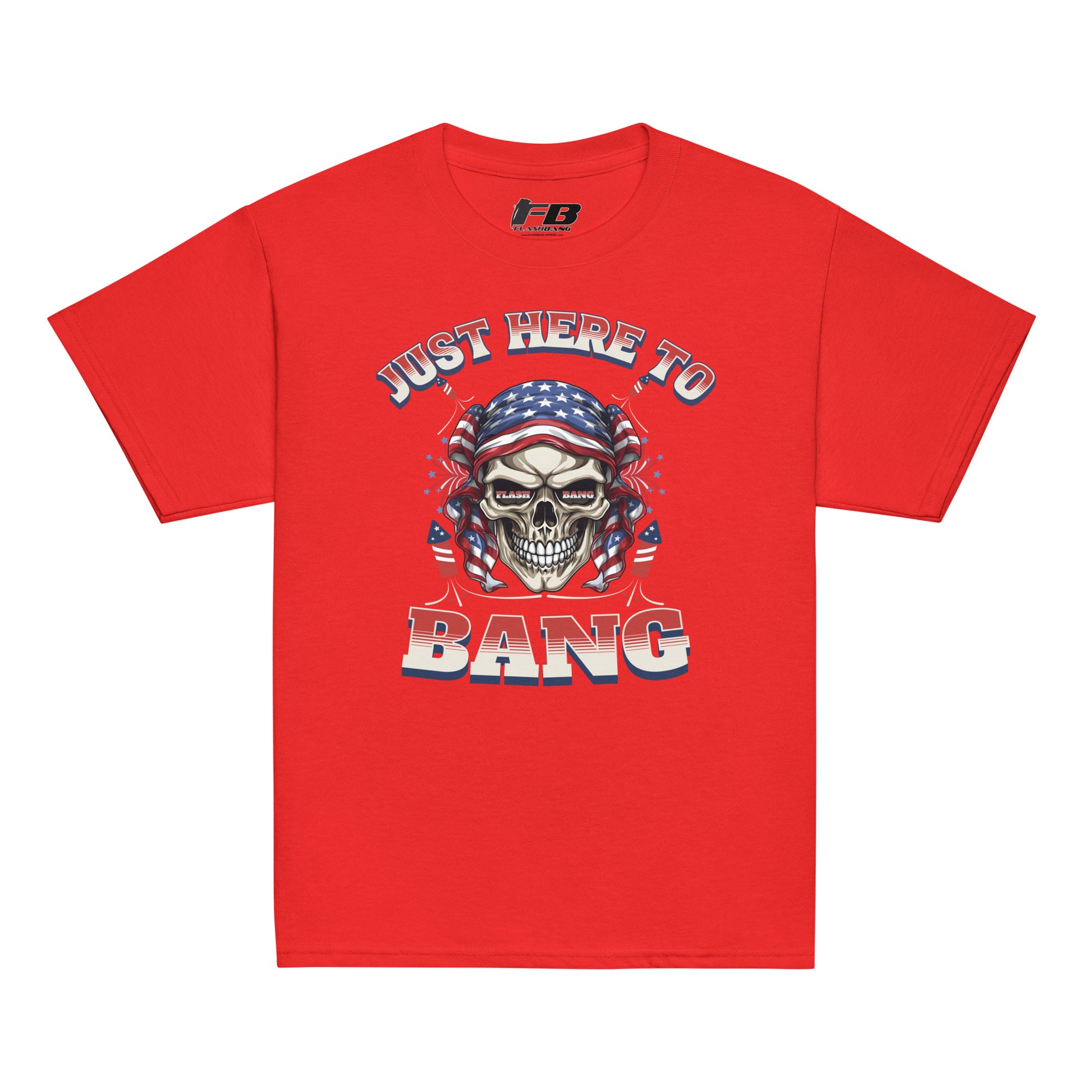 Red t-shirt with a graphic design featuring a skull and text on a white background